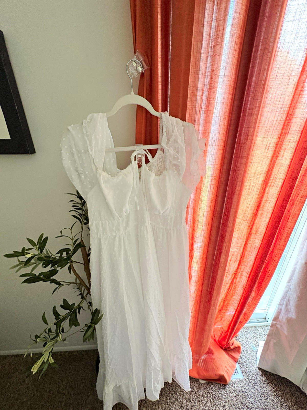 SHEIN Curve 2XL White Chiffon Smocked Ruffle V-Neck Flutter A-Line Dress