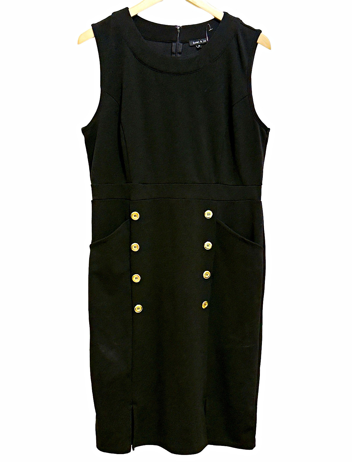Sami & Jo Black Sheath Dress Round Neck Sleeveless Knee Back Zip Button – 16