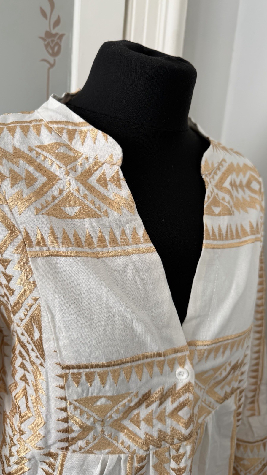 White & Gold Embroidered Boho Smock DressCotton Linen Blend BNWT