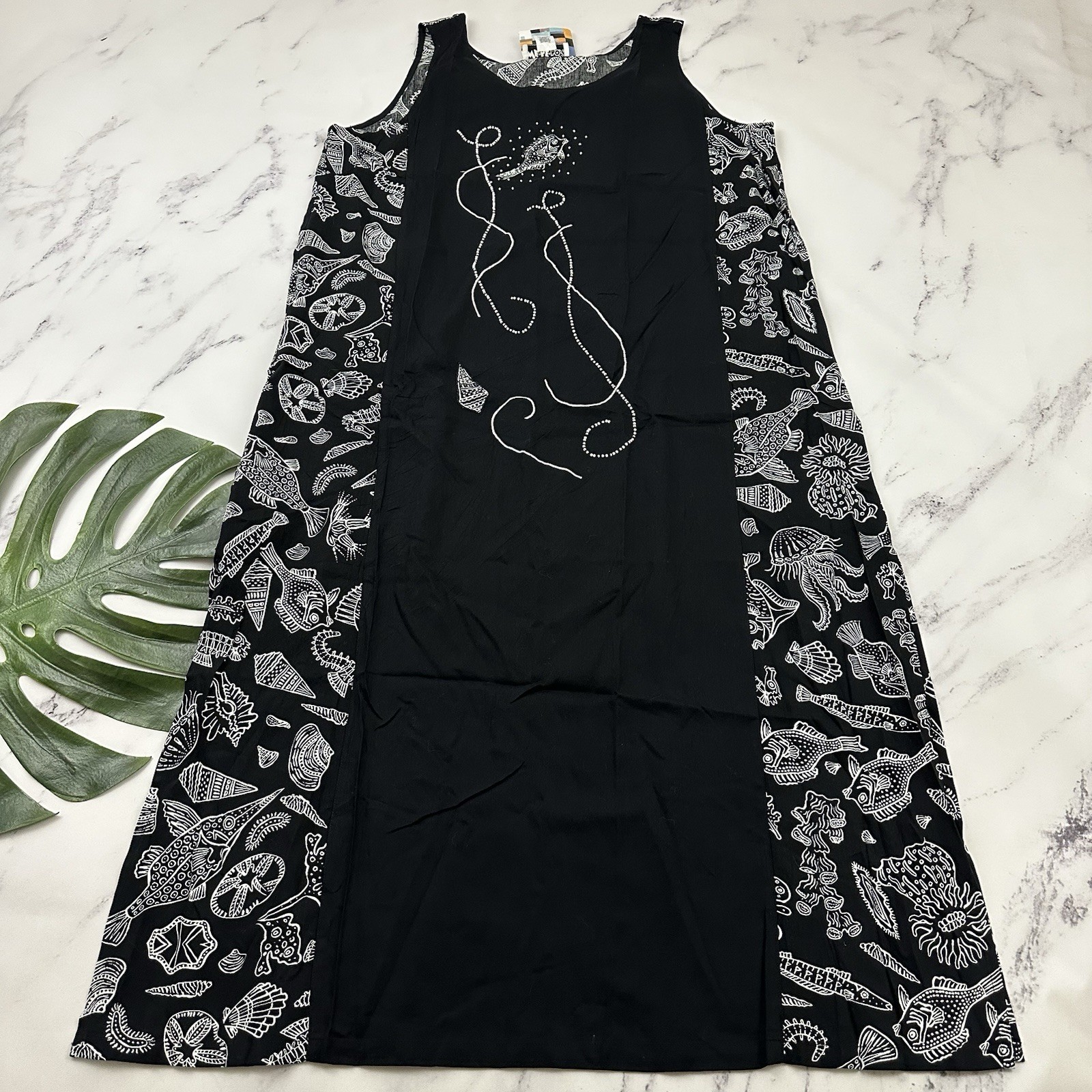 We Be Bop Womens Vintage Y2k Maxi Dress Plus Size 1x New Black White Fish Beaded