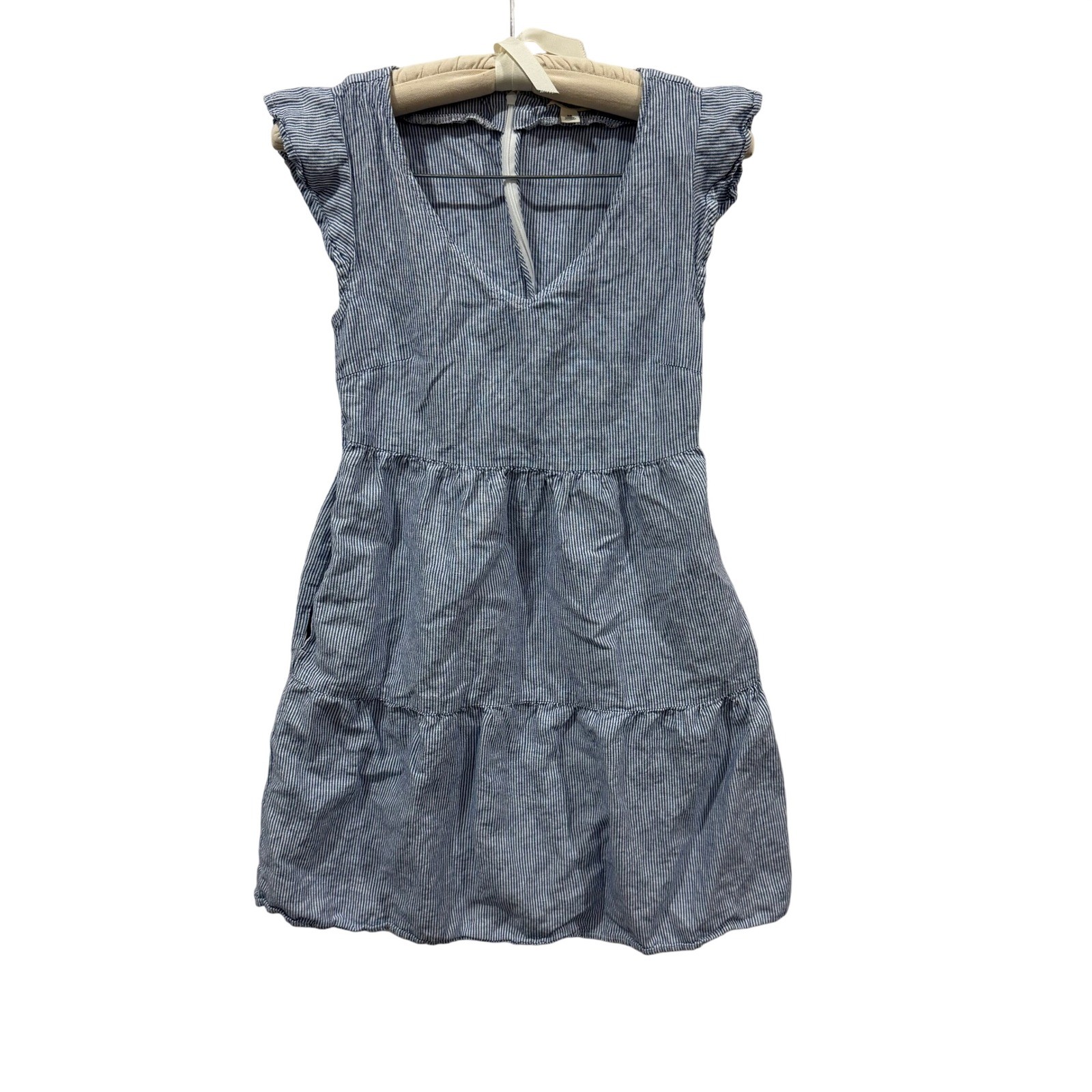 Goodthreads Womens Blue White Striped Seersucker Tiered Mini Dress XS Pockets