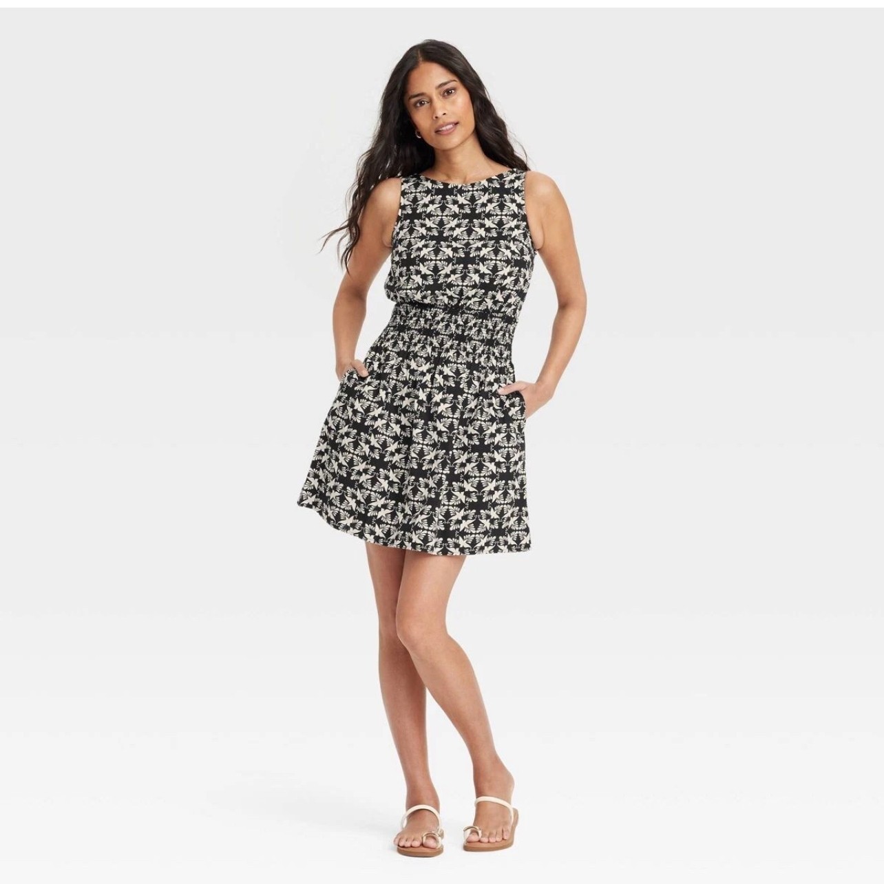 NWT~ Universal Thread sz XXL Black Cream Dove Print Sleeveless Smock Dress 1459