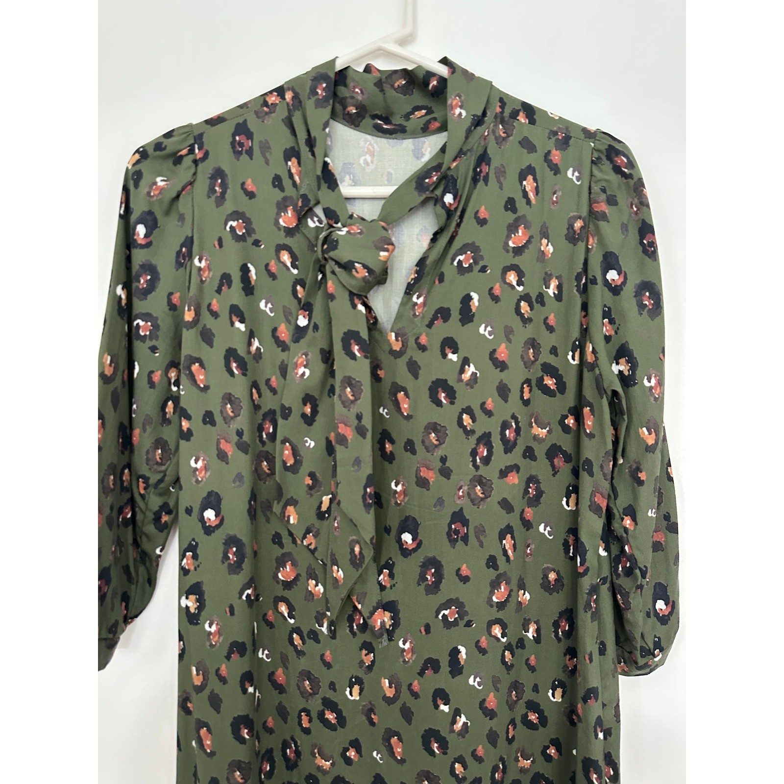 Brooke Wright Dress Womens XS/S Midi Olive Green Leopard Print Bow Neck Ruffle
