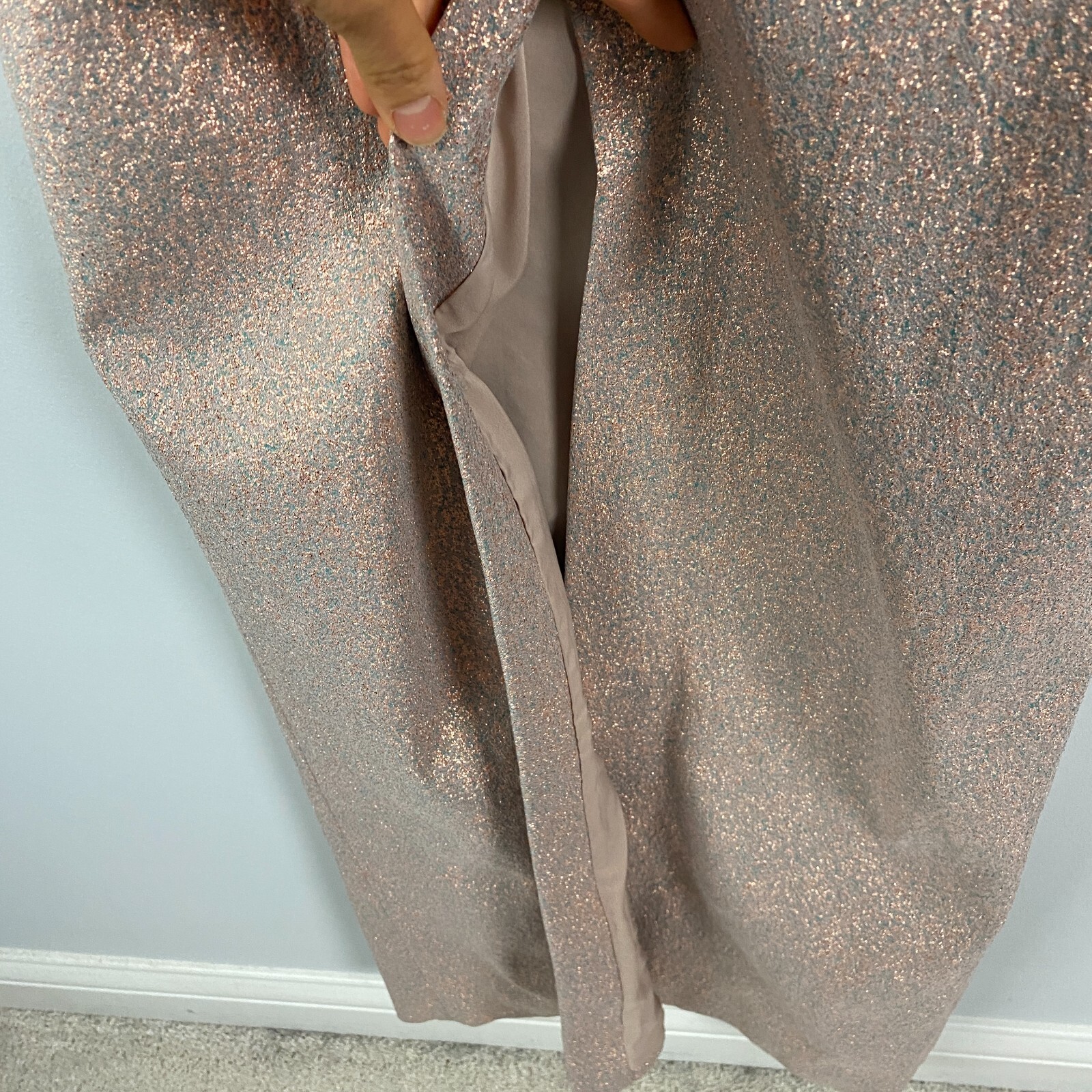 Teri Jon by Rickie Freeman Off Shoulder Gown Size 4 Rose Gold Metallic