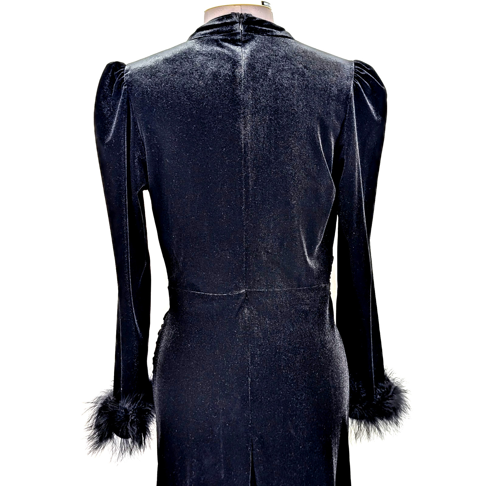 90s Goth Black Velour Maxi Dress Small S Feather Cuff High Neck Puffy Sleeve Vtg