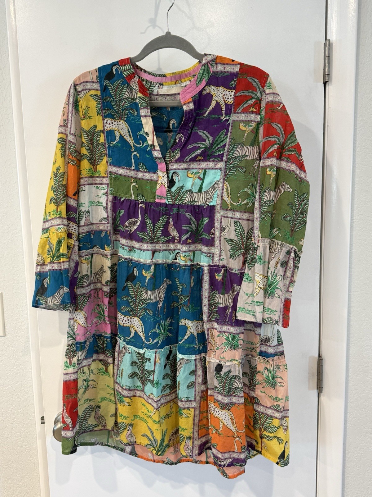 LOLA AUSTRALIA Sz Large Dress Tiger Tiger Cotton 3/4 Sleeve Flowing Tiered