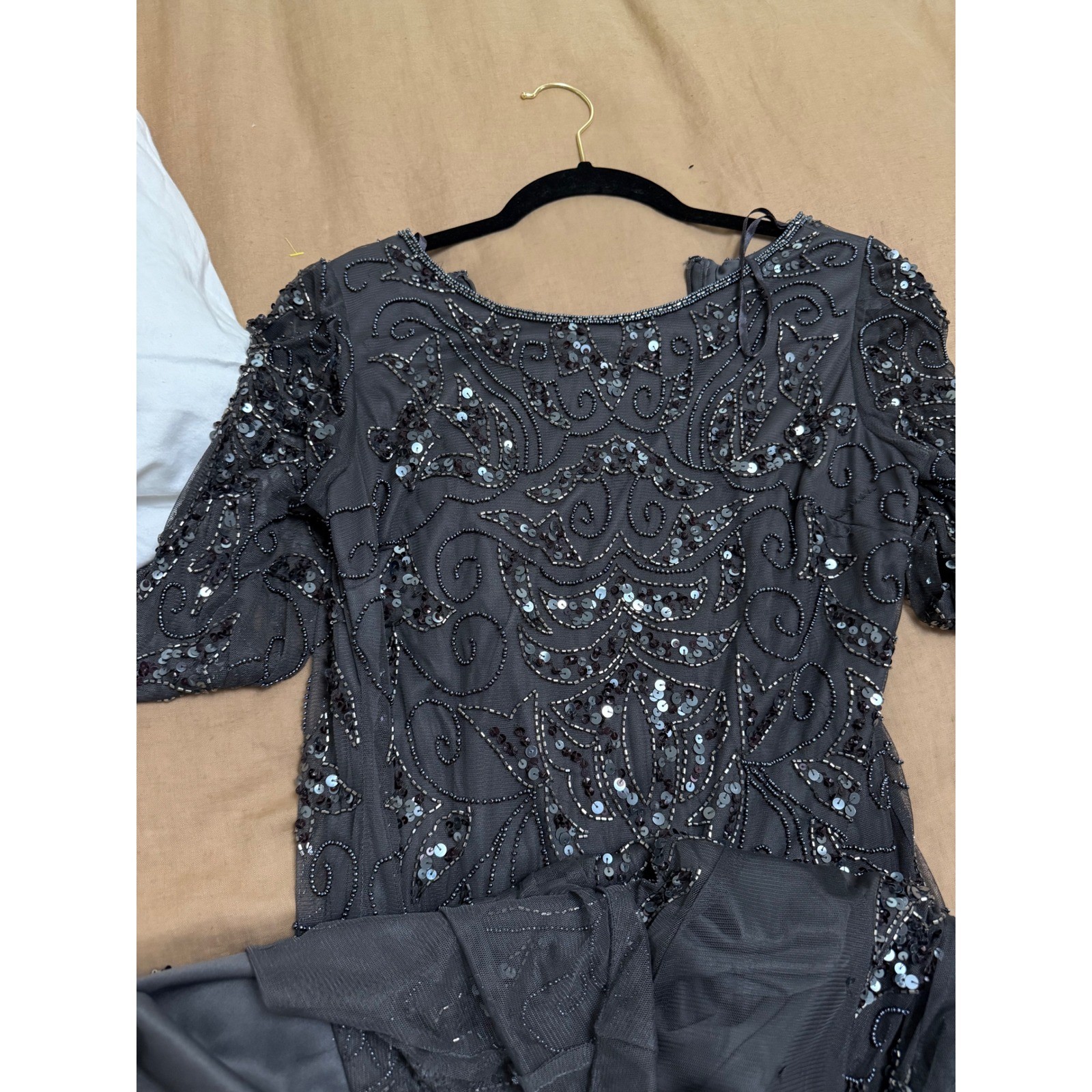 Pisarro Nights Gray Beaded Sequin Gown 3/4 Sleeve Formal Maxi Dress