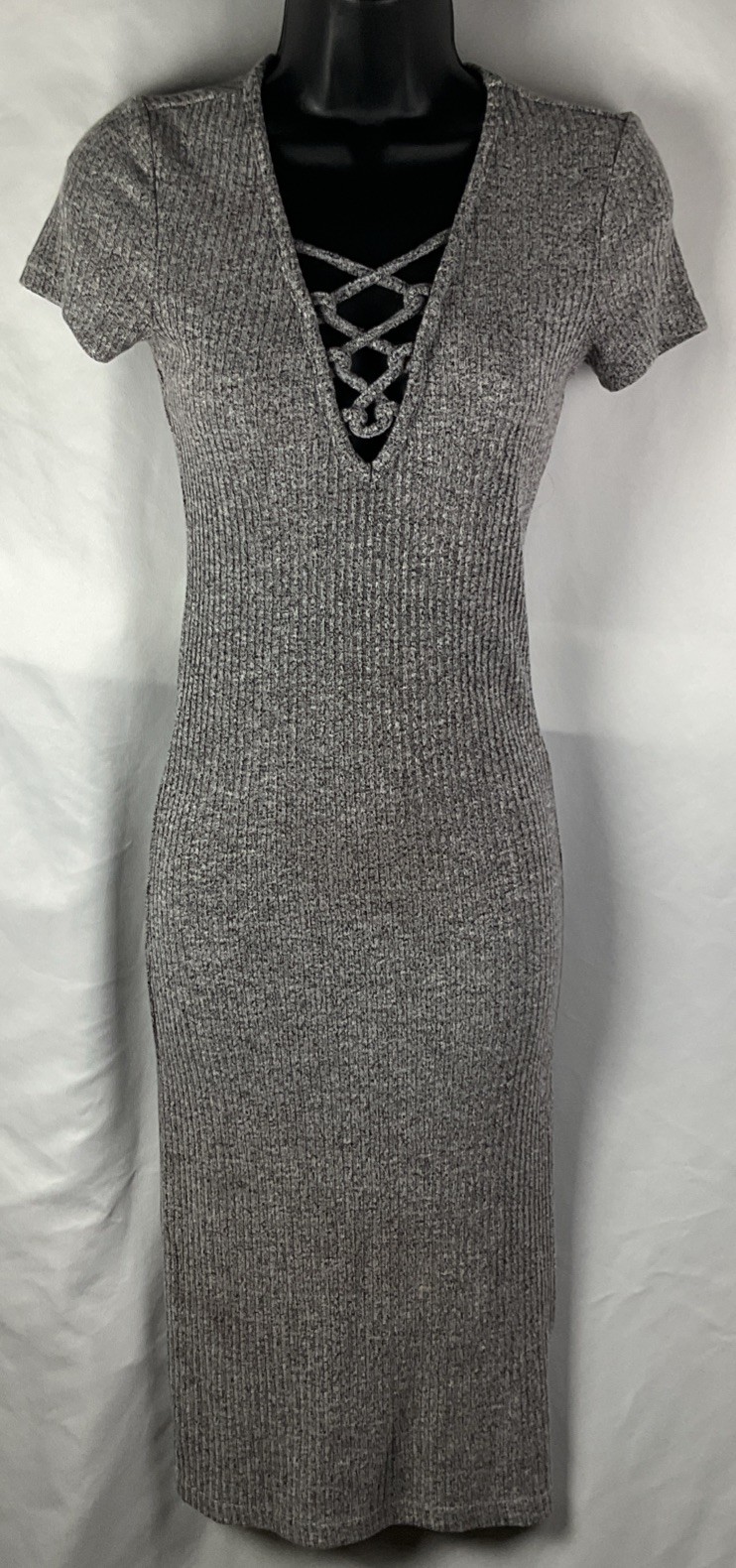 Streetwear Society Women’s Medium Heather Gray Long Midi Laced Deep Neck Dress