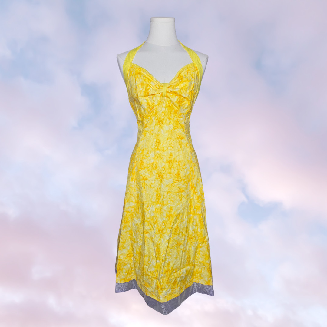 Charming Vintage 50 60s Mod Yellow Retro Handmade Floral High Waist Halter Dress