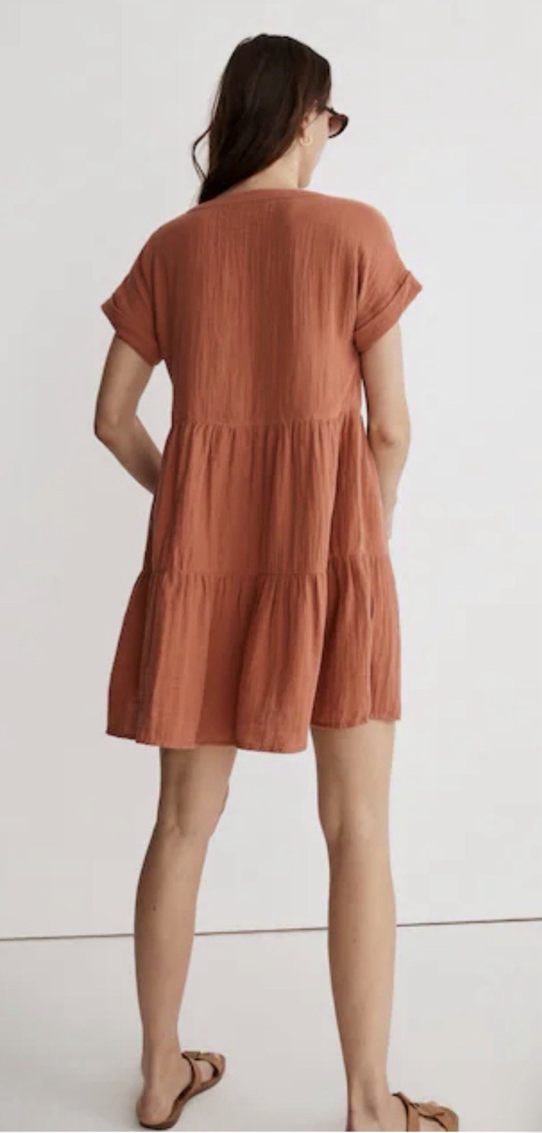 New Madewell Lightspun Cuff Sleeve Button Front Tiered Mini Dress Orange Sz M