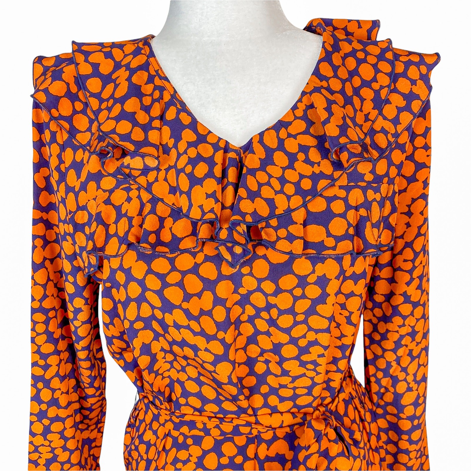 Anine Bing Paloma 100% Silk Spotted Print Ruffle Dress Harvest Navy Size XS