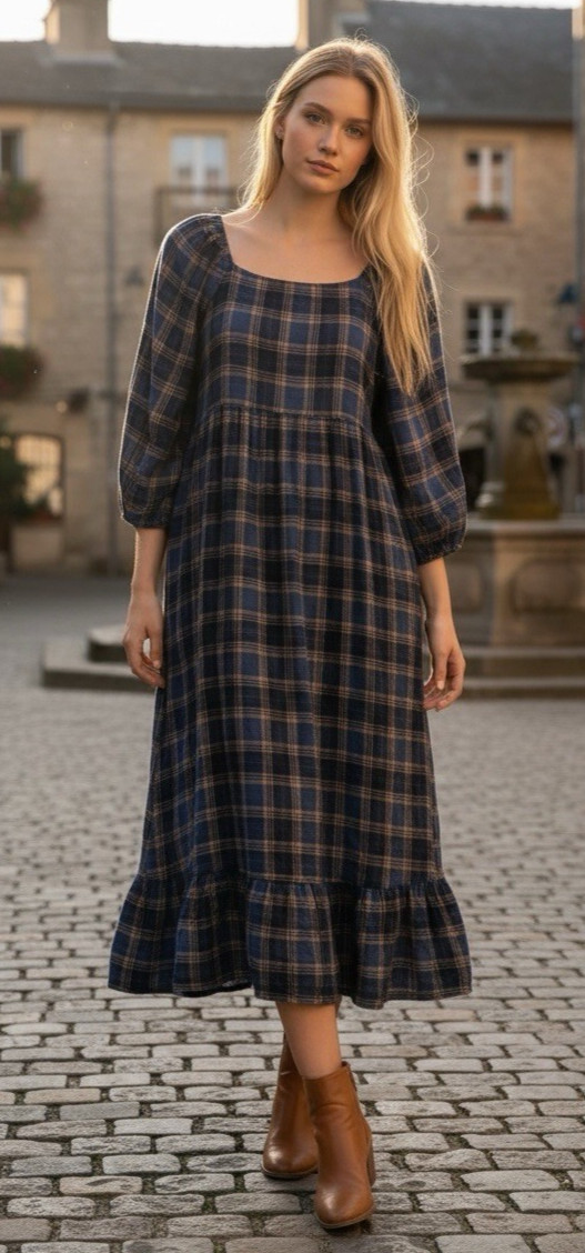 Terra & Sky Dress 1X Plaid Tartan Maxi Dress Stretch Knit Peasant Smocked Blue