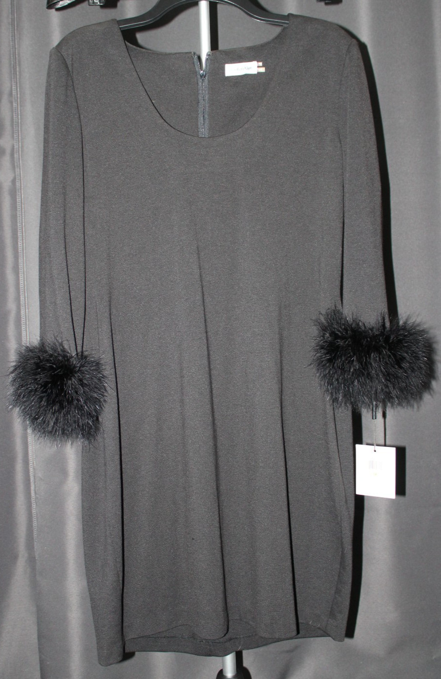 Calvin Klein Black Sheath Stretch Ponte Fur Cuffed Sleeve Dress