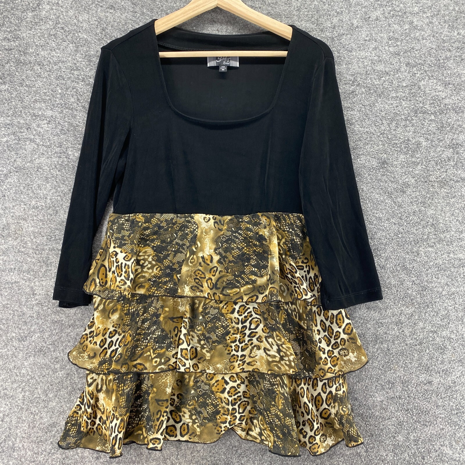 Slinky Blouse Women M Black Animal Print Shift Short Ruffle Square Neck Top