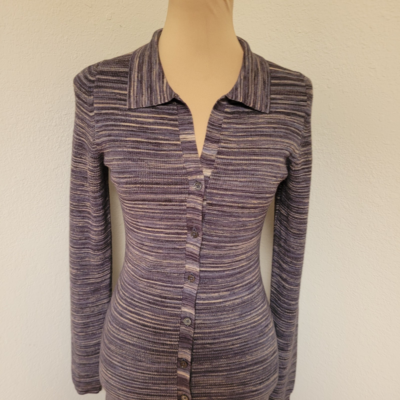 Aritzia Wilfred Ribbed Button-Front Polo Midi Dress in Grey Brown Stripe Size…