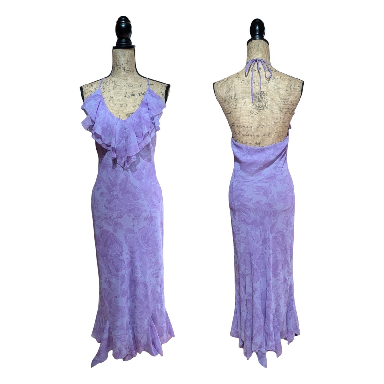 90s Y2K 100% Silk Monsoon Lavender Bias Cut Floral Dress UK 10/12 (US 8)