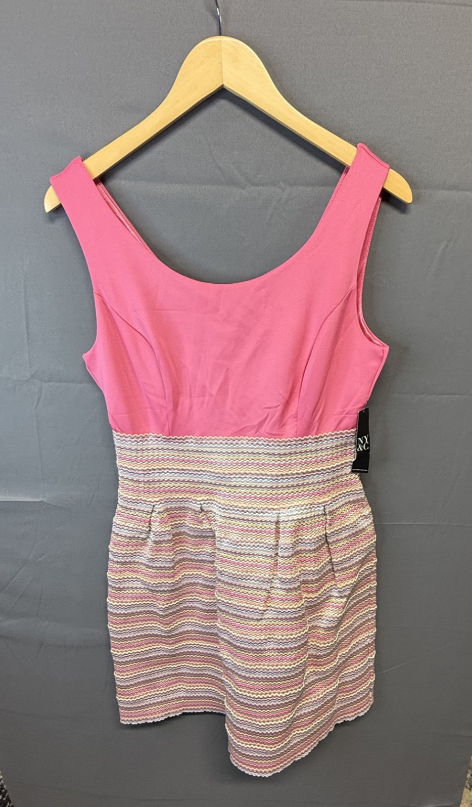 NWT New York & Company Pink & Multicolor Textured Zig Zag Mini Fit & Flare Dress