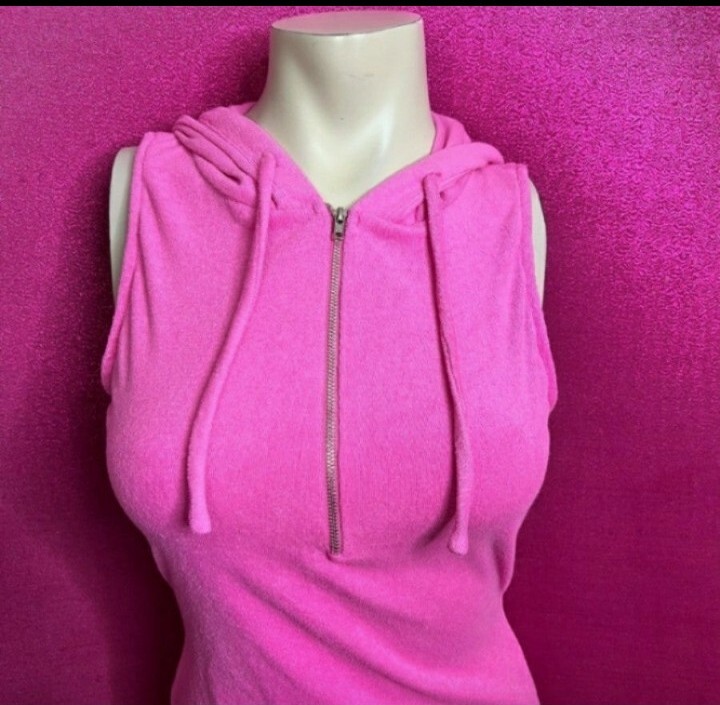 🆕Pink Front Zipper Open Cut-Out Back Bodycon Hoodie Mini Dress Size M