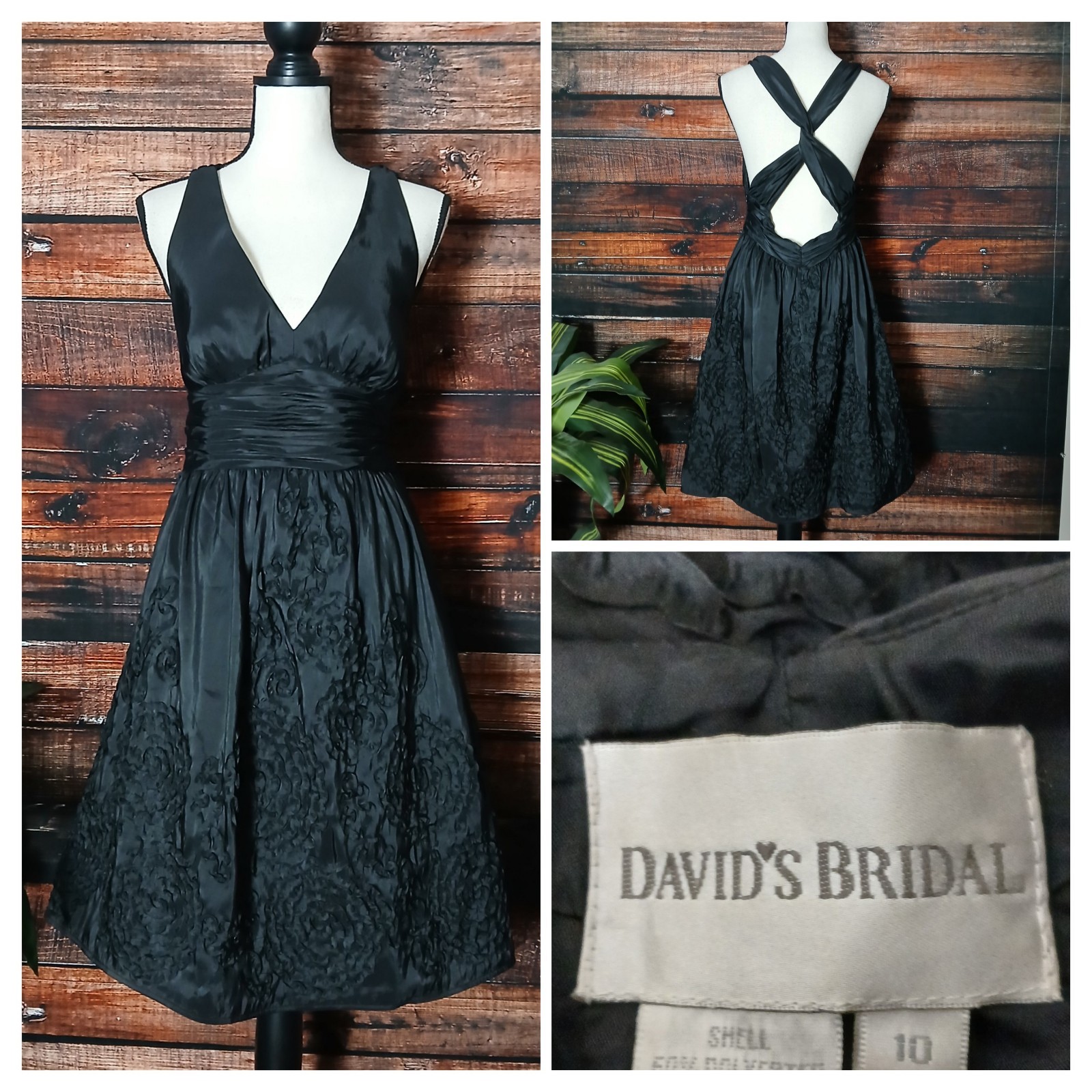 Davids Bridal Dress Size 10 Black Formal Halter Cross Back Full Embellished Zip