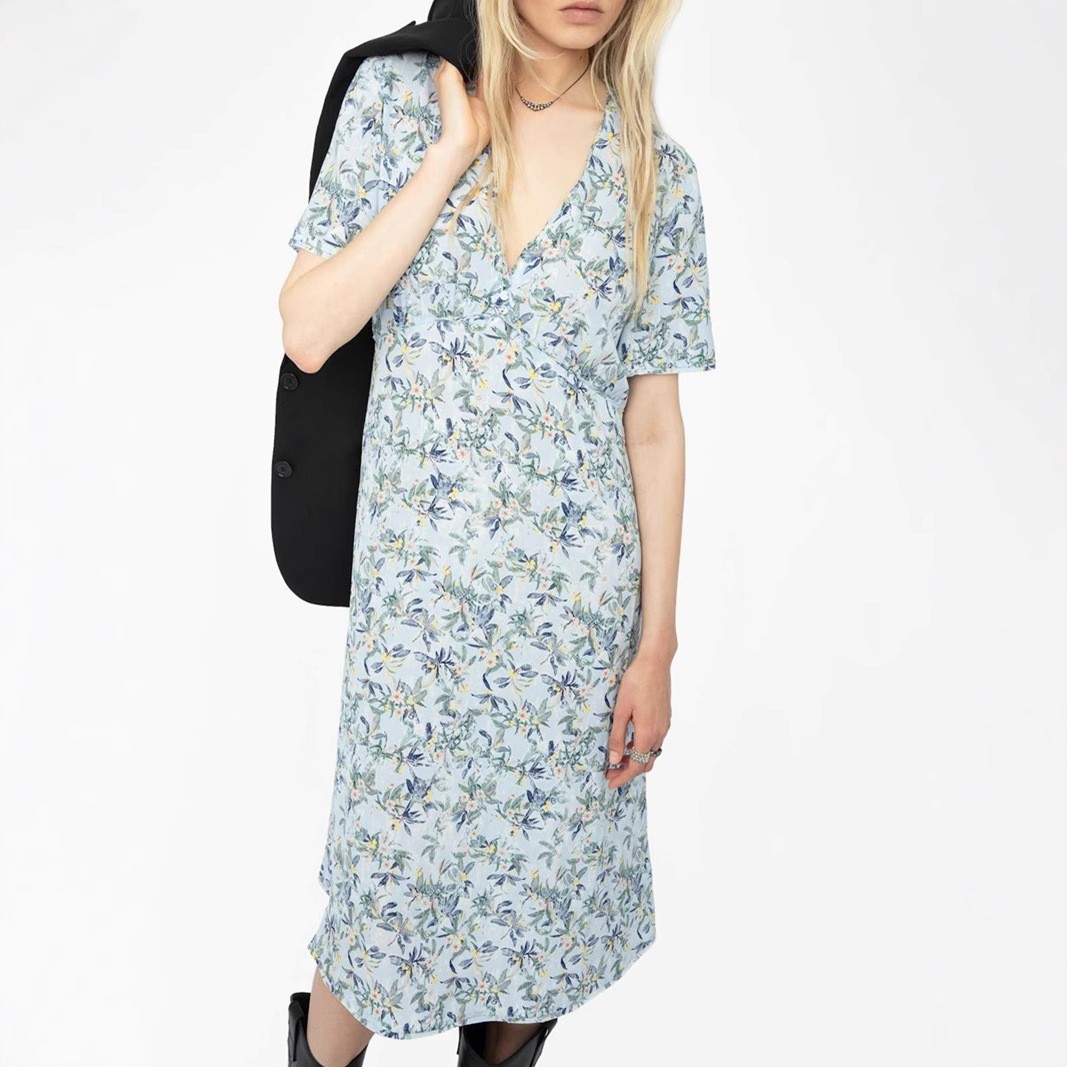 New Zadig&Voltaire Women V-Neck Silk Slim Jacquard Vent Short Sleeve Dress XS-L