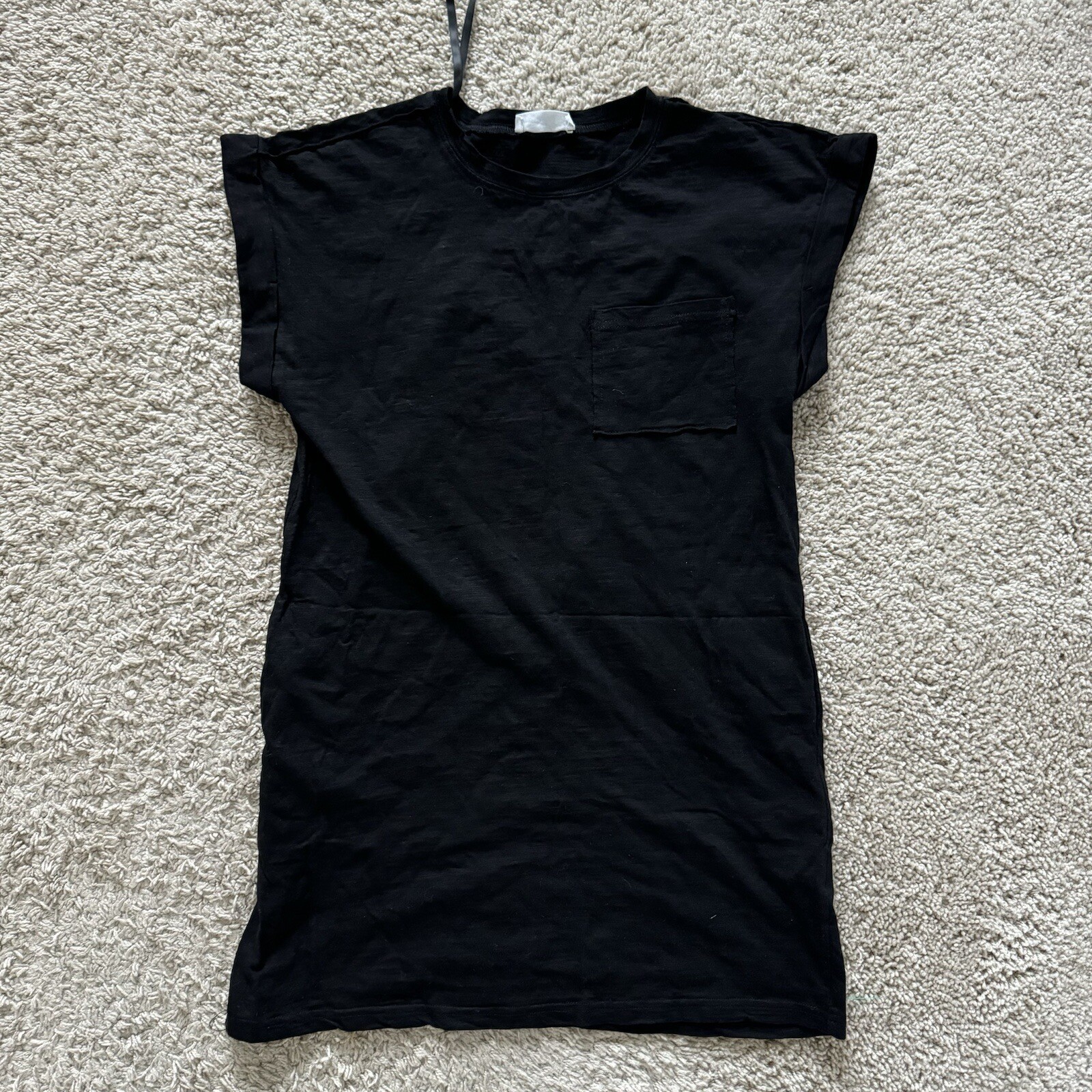 Talulah Shirt Dress Roll Cap Sleeve Front Pocket Crew Neck Cotton Black Small