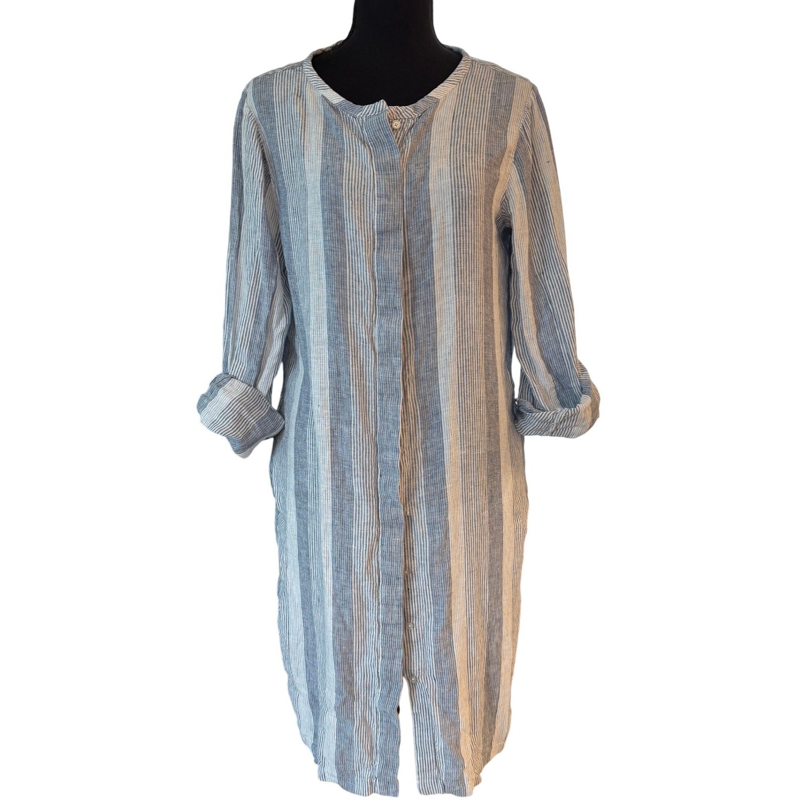 Haven Well Within 100% Linen Striped Button Front Shirt Dress Blue Medium