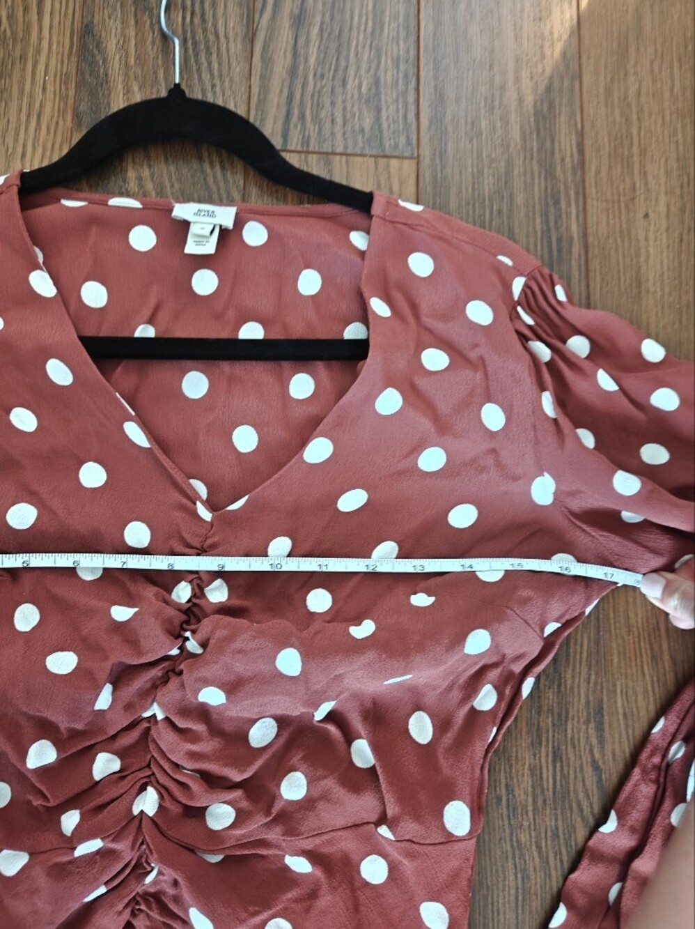 River Island Rust Brown Polka Dot Ruched Midi Dress Puff Sleeve UK 8 US 4 0722