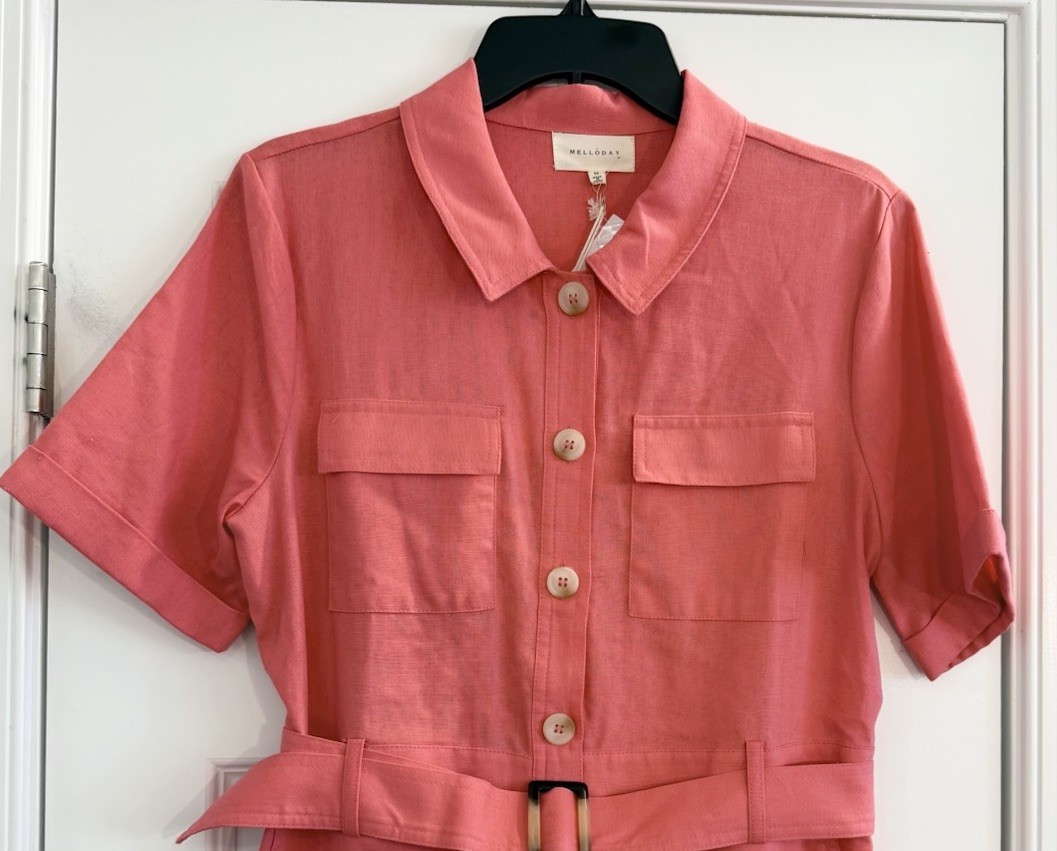 Linen Blend Button Front Shirt Dress Coral Belted Size M NEW