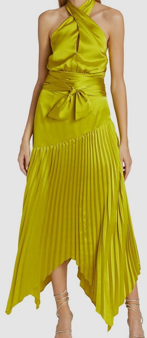 $598 AMUR Women’s Green Halter Pleated Satin Charmeuse Dress Size 8
