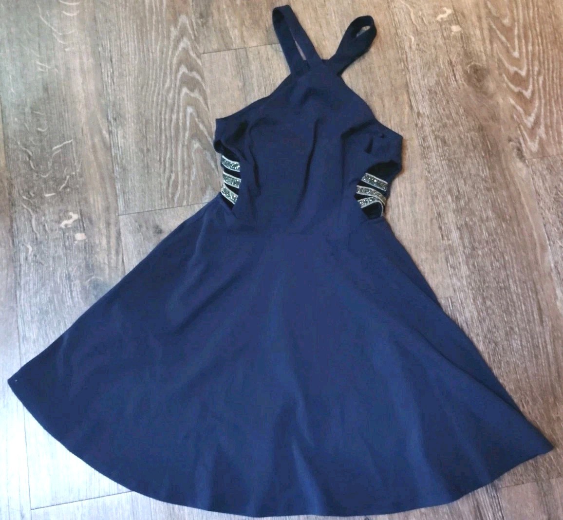 Speechless Blue Halter Gems Open Sides Sleeveless Fit & Flare Dress Sz 9 Flirty