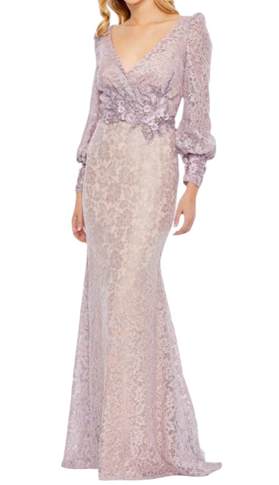Mac Duggal 79397 Vintage Lilac Lace Beaded Floral Appliqué Gown Size 14 $798