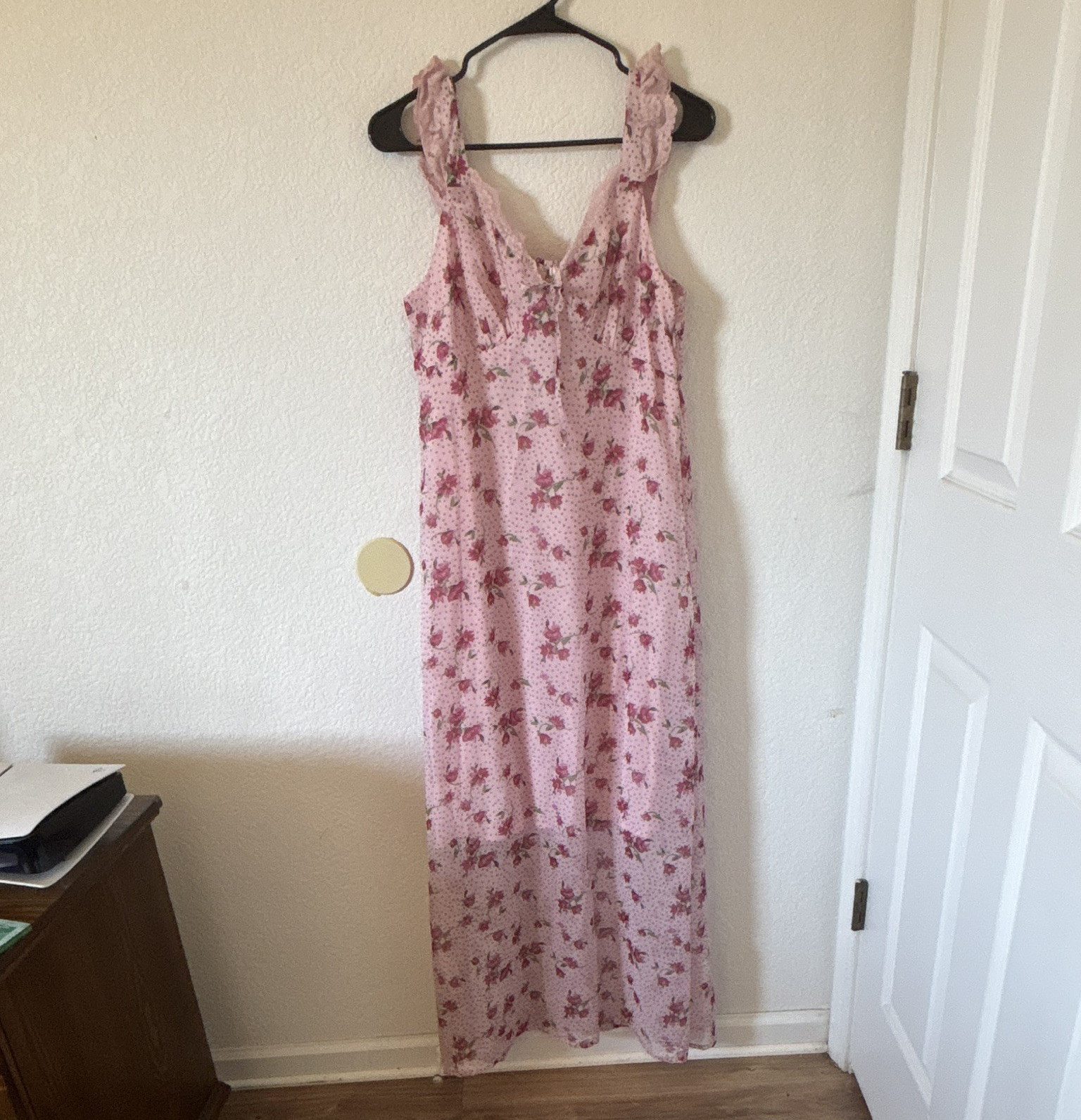 Dizzy Lizzy Pink Floral Smocked Midi Dress V-Neck Ruffle Straps Lace Size L