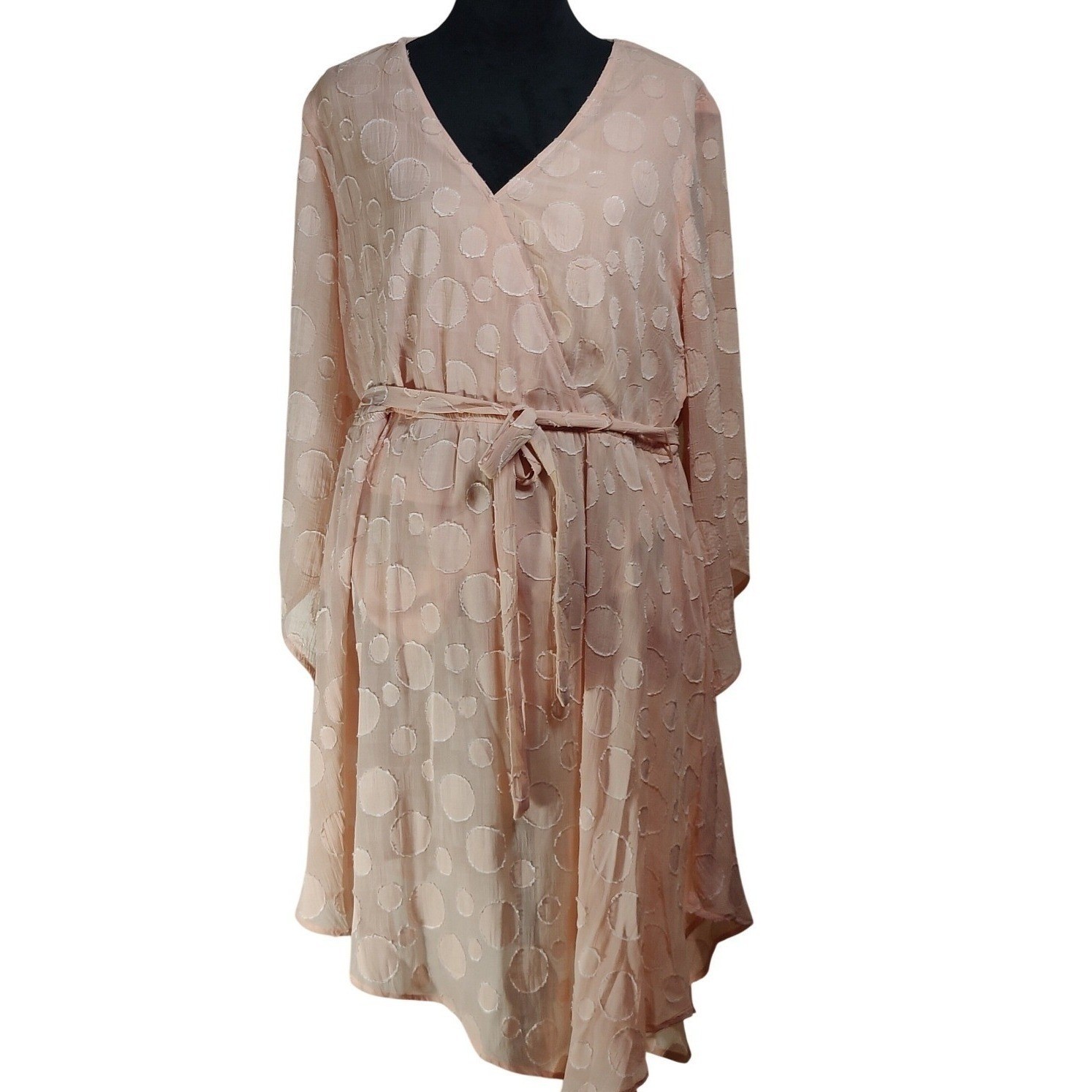 Cato Peach Burnout Polka Dot Handkerchief Hem Wrap Dress XL Pink Peach V-Neck