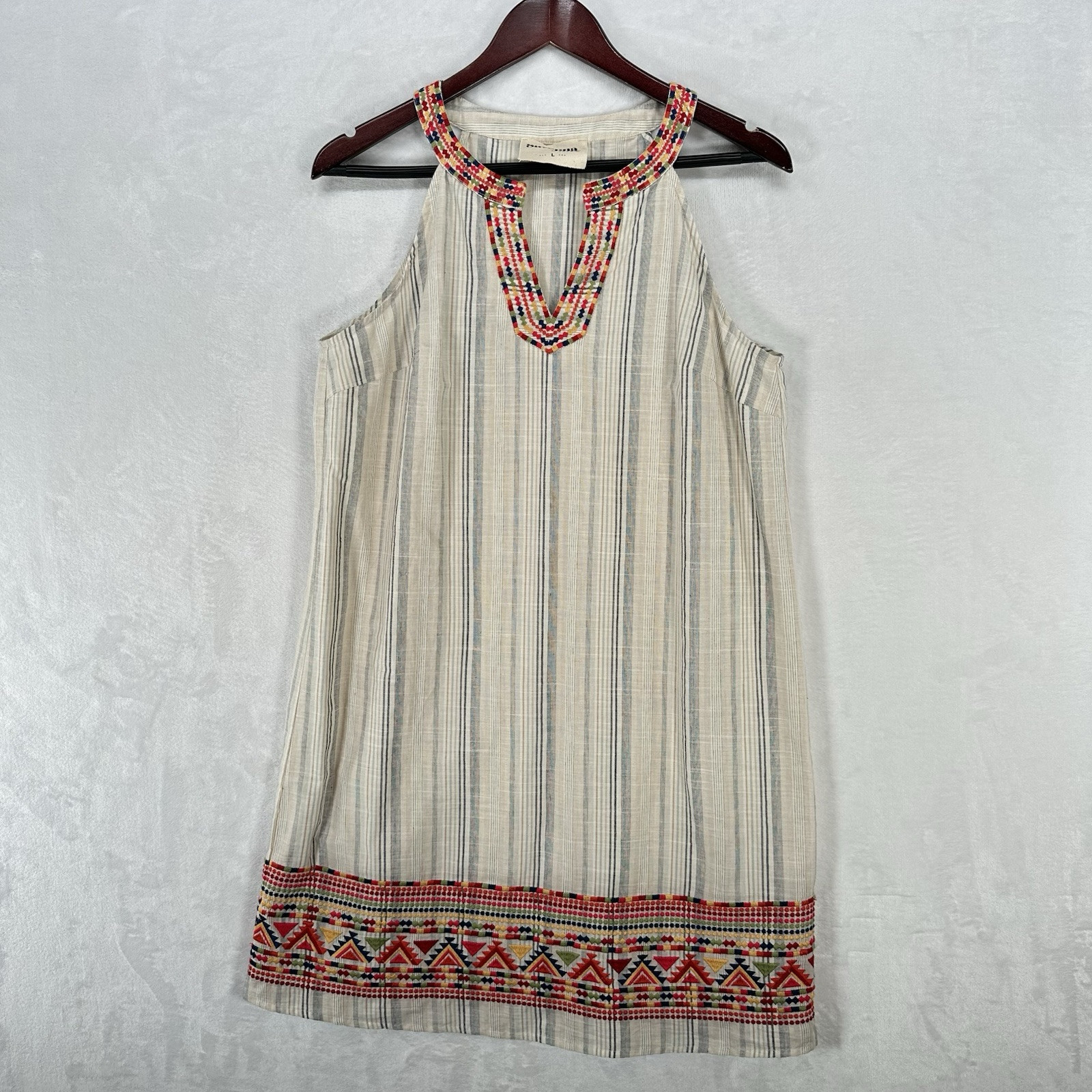 Savanna Jane Dress Womens Large Cream Striped Embroidered Mini Art Boho Shift