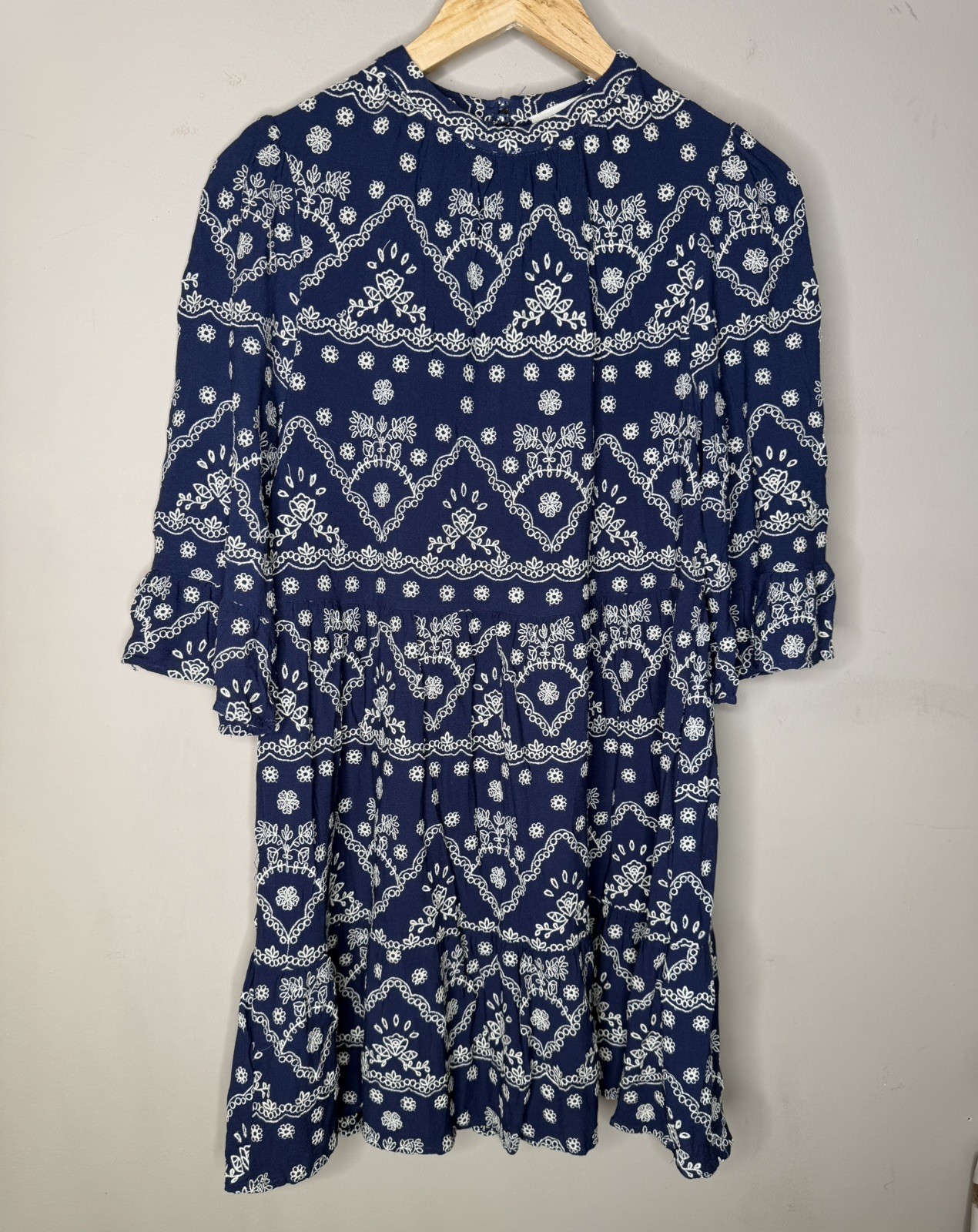 Penelope Rose Navy Blue Embroidered Boho Dress Medium 3/4 Sleeve Garden Wedding