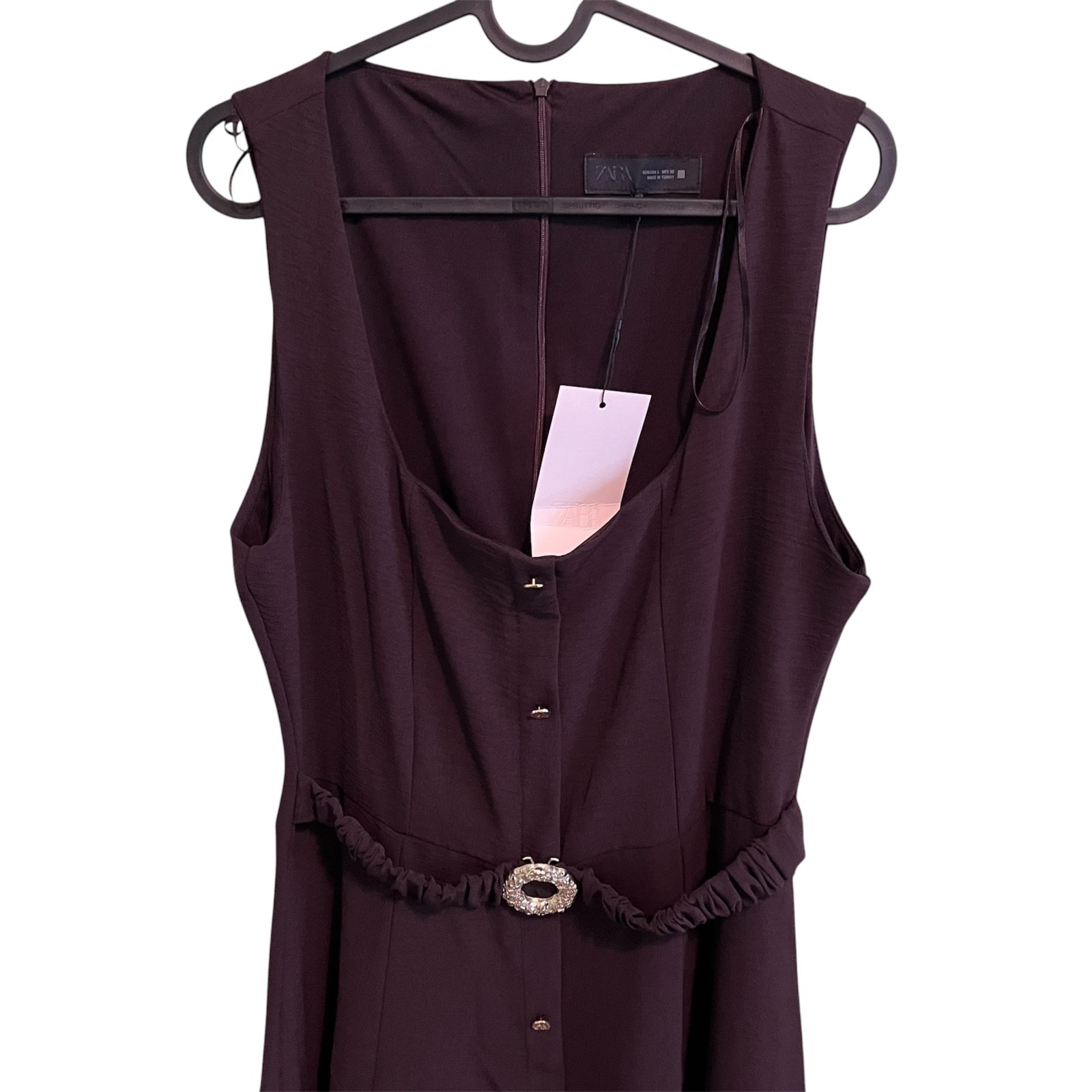 Zara Belted Midi Dress Brown Sleeveless Square Neck Gold Buckle XS S M L XL NWT