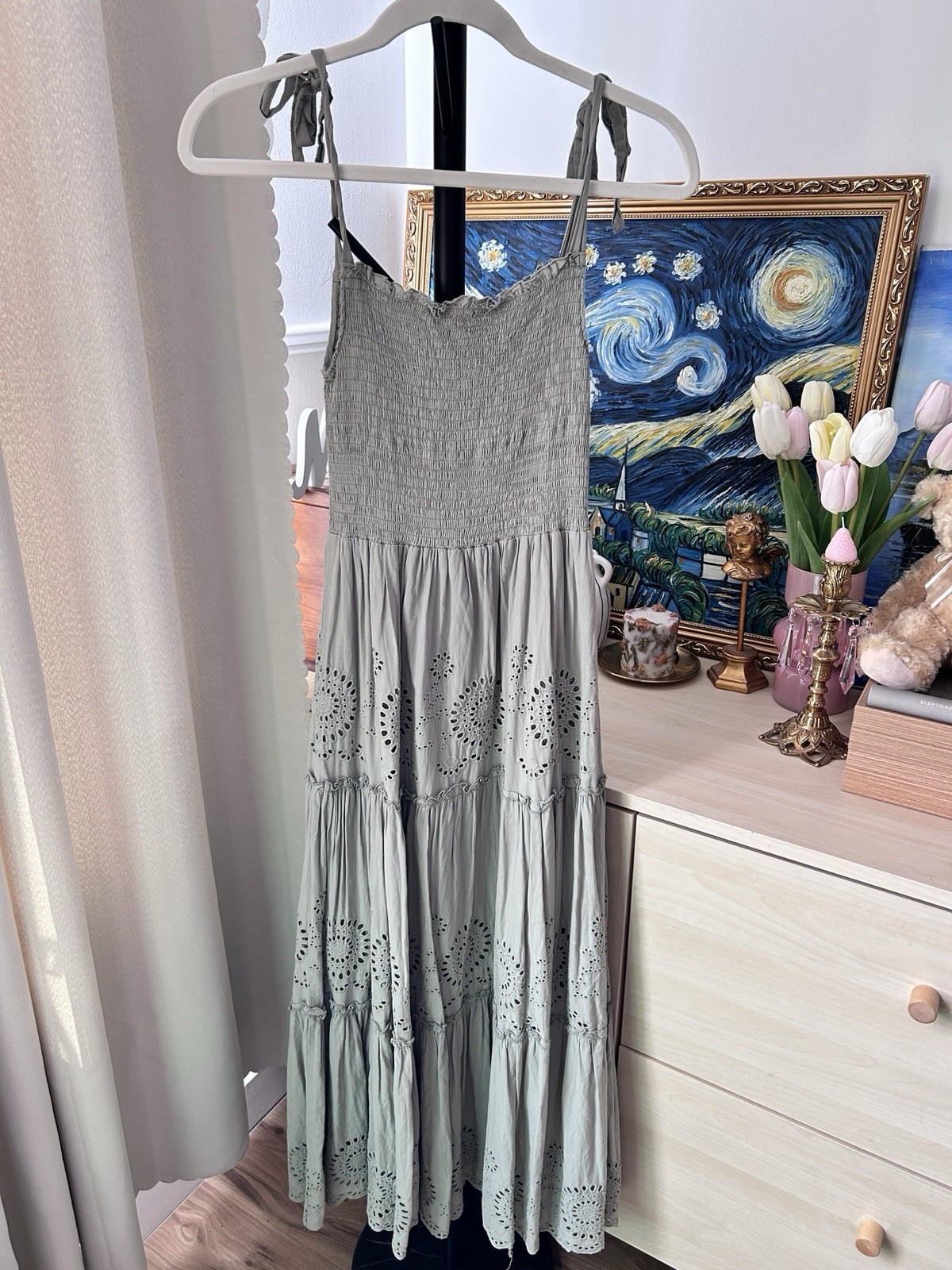ZARA Green Solid Smocked Eyelet Tie Strap Sleeveless Maxi Long Dress XS