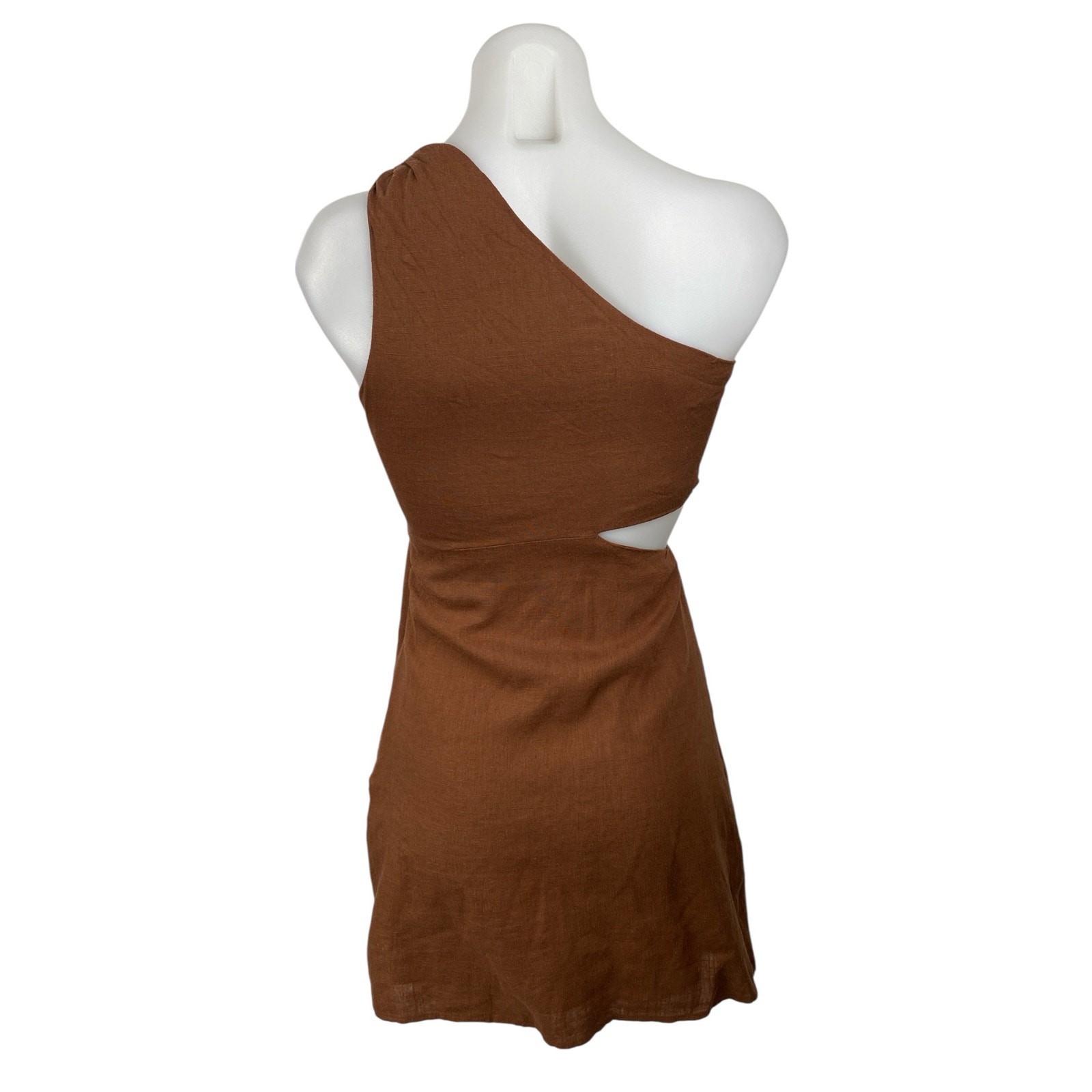 Billy J Brown Linen Cut Out One Shoulder Sleeveless Mini Tank Bodycon Dress Sz 6