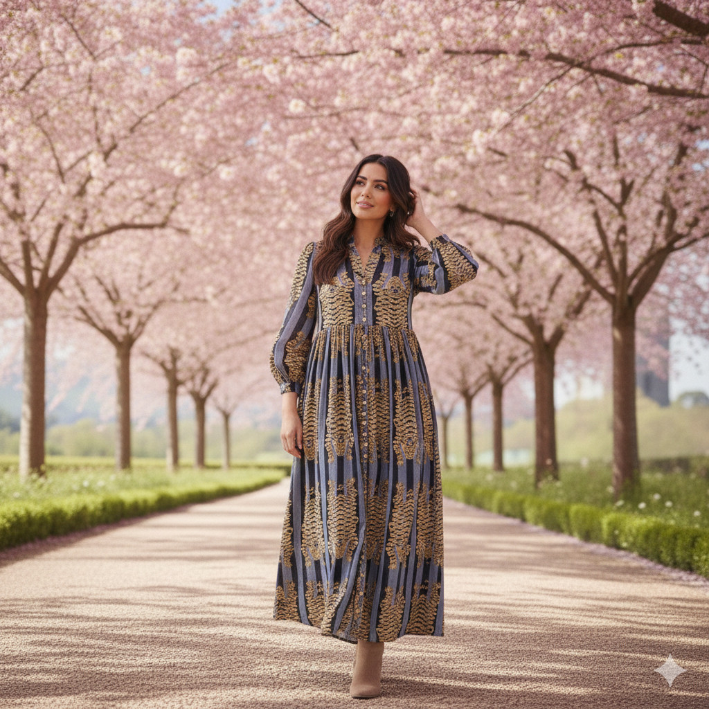 Women’s Boho Midi Dress Floral Stripe Puff Sleeve Casual Spring Summer Dress
