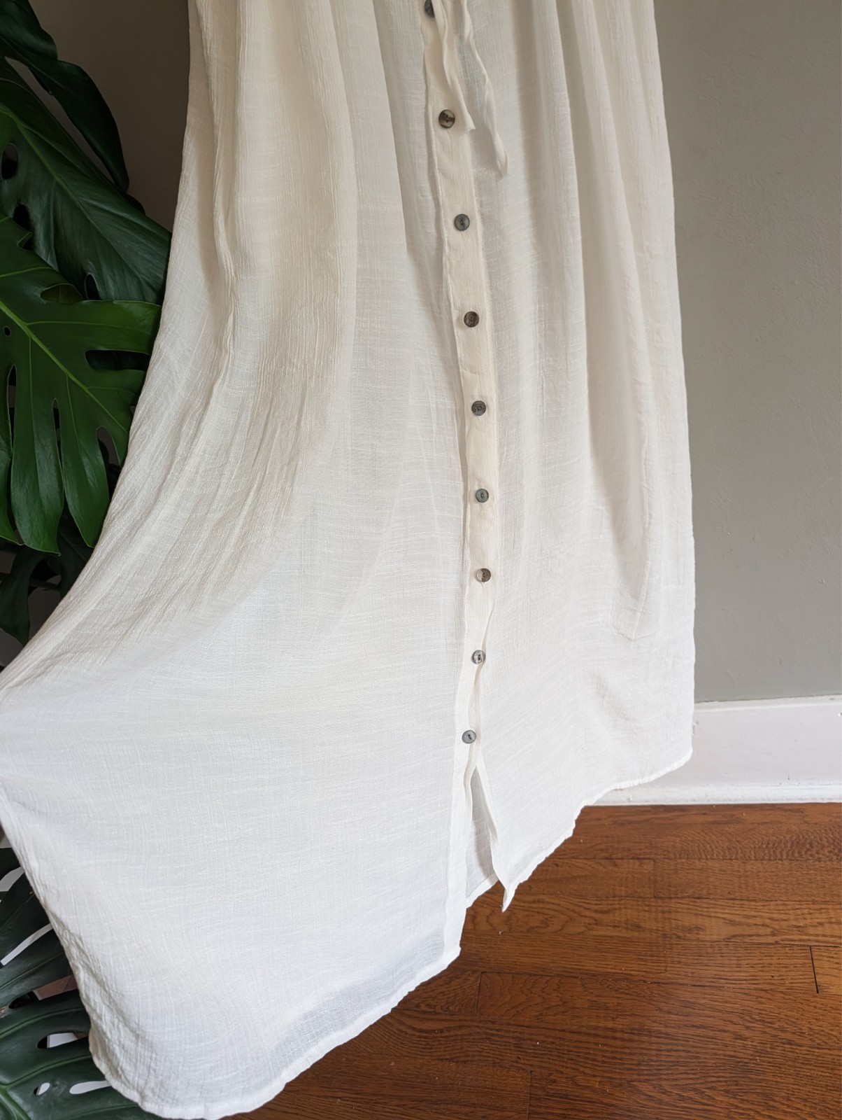 White Gauze Maxi Dress Cover Up Flowy Button Front Tie Back Boho Beach Feminine