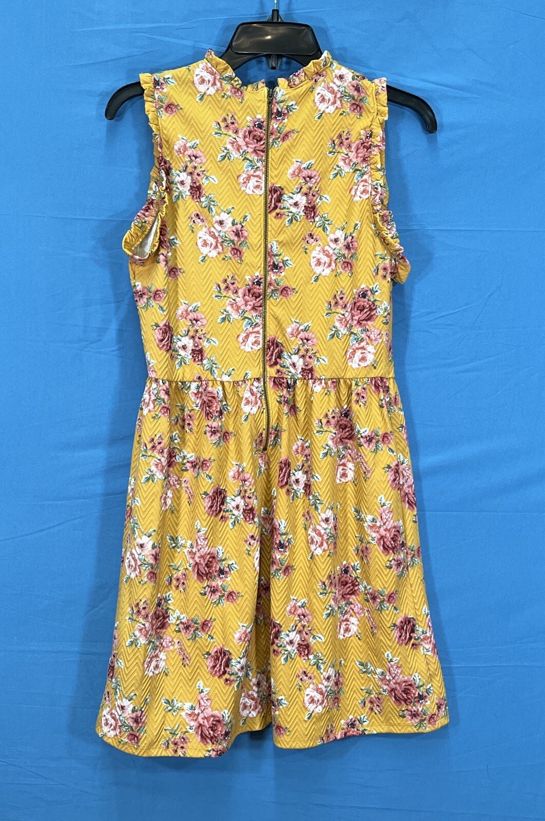 Nwt XHILARATION Yellow Gold FLORAL Textured Knit RUFFLED Zip-Back SKATER DRESS S