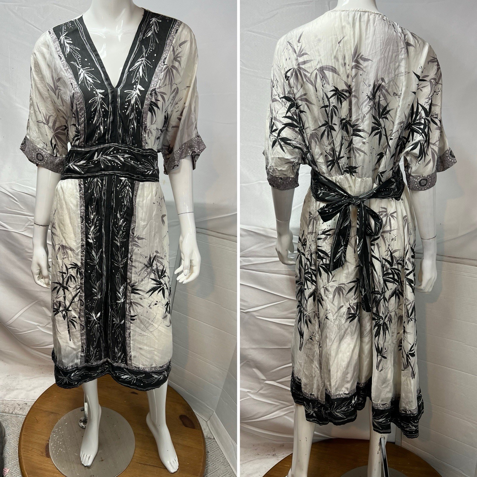 Lynn Ritchie Women’s XL 100% Silk Bamboo Print Black White Kimono Midi Dress
