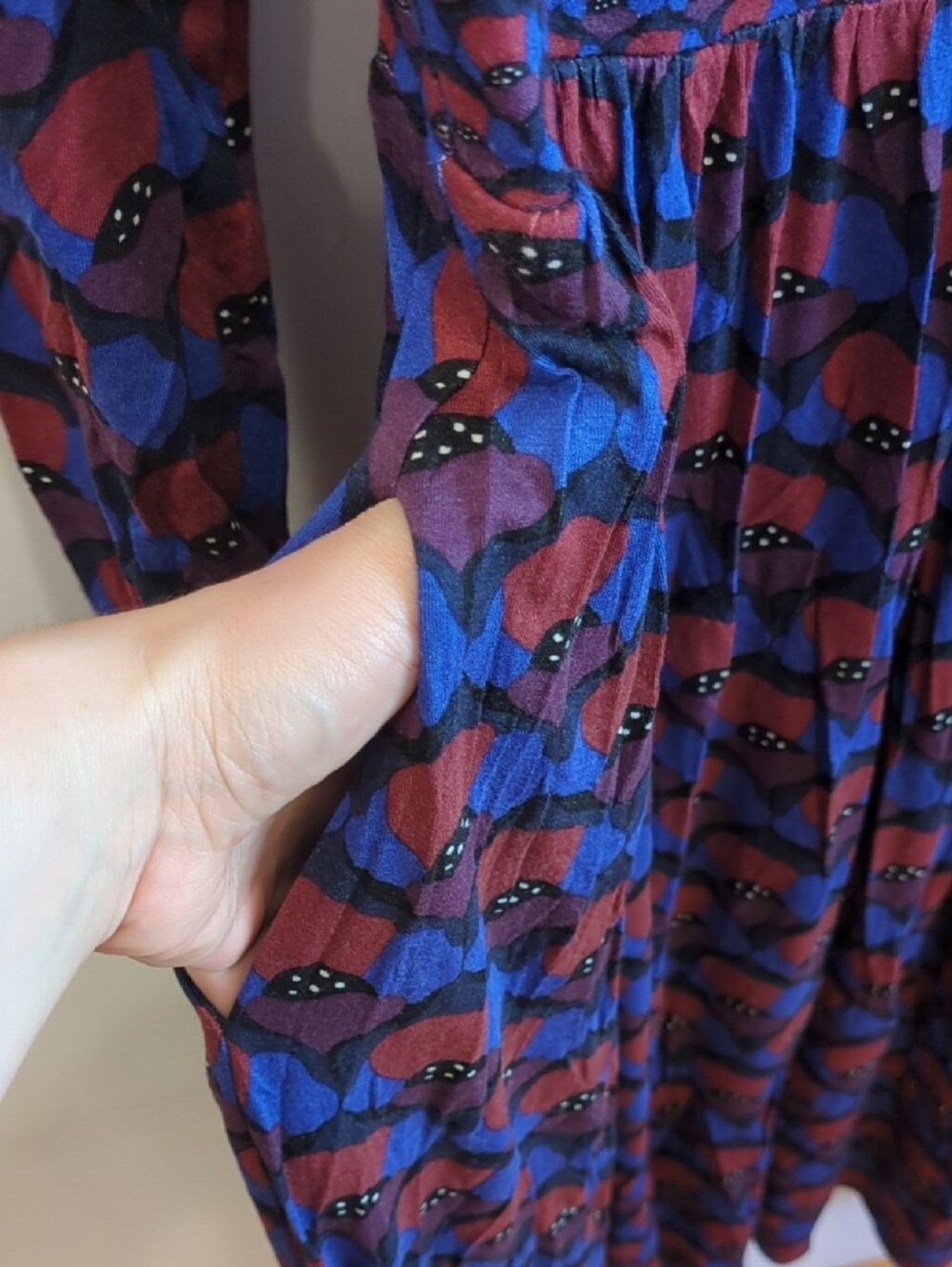 Boho Artsy Preppy Whimsy Boden Jersey Burgundy Navy Blue Purple Midi Dress US 12