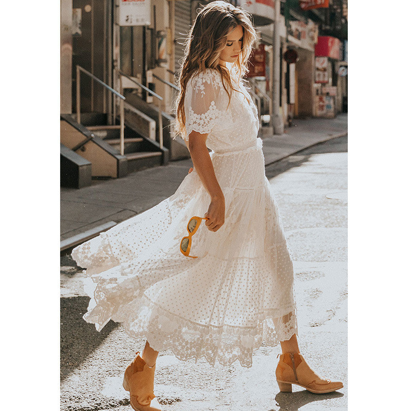 Women’s Boho Maxi Lace V Neck Short Sleeve Dress Summer Party Beach Sundress