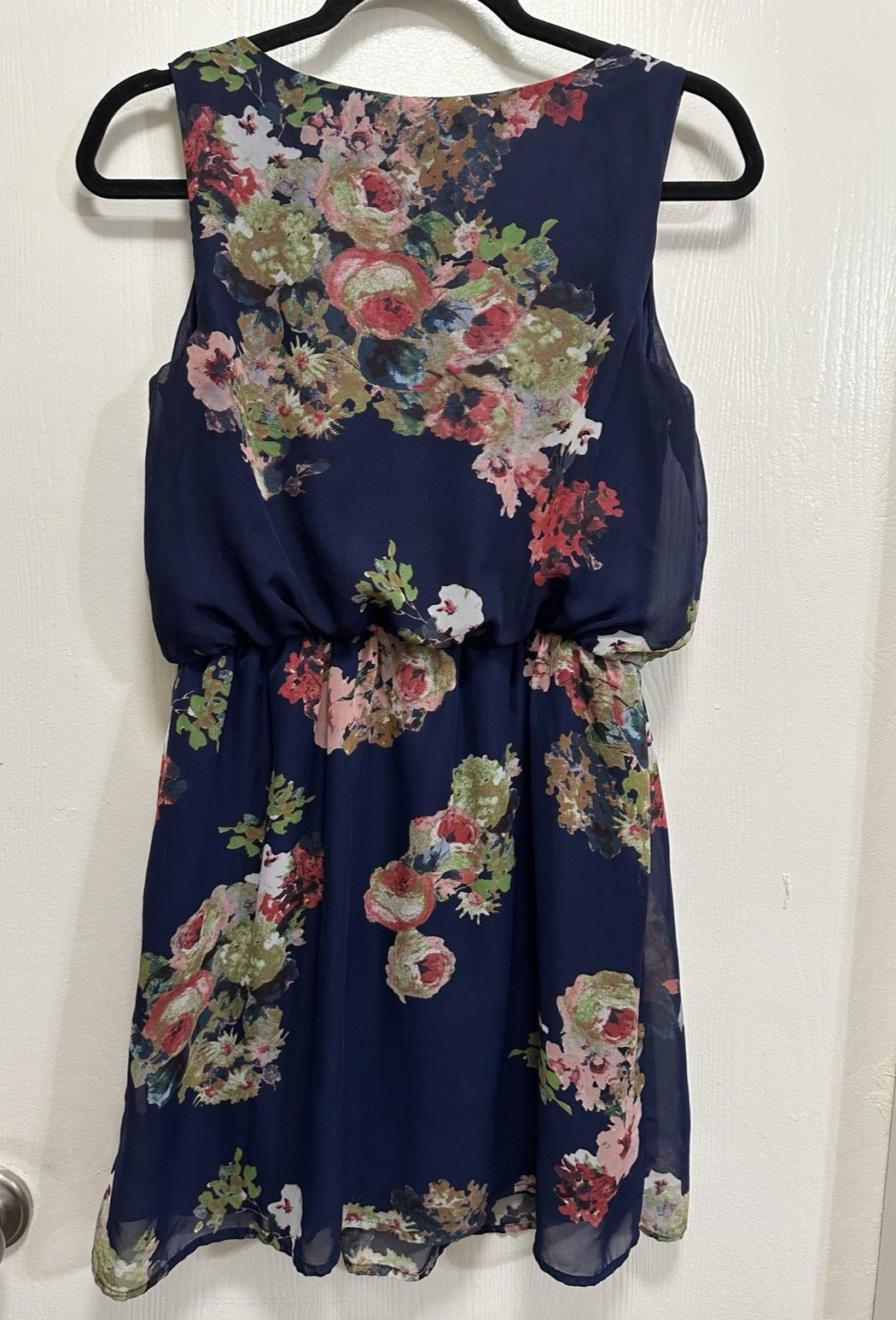 BeBop Blue Floral Chiffon Sleeveless Mini Dress Elastic Waist Size M Boho flowy