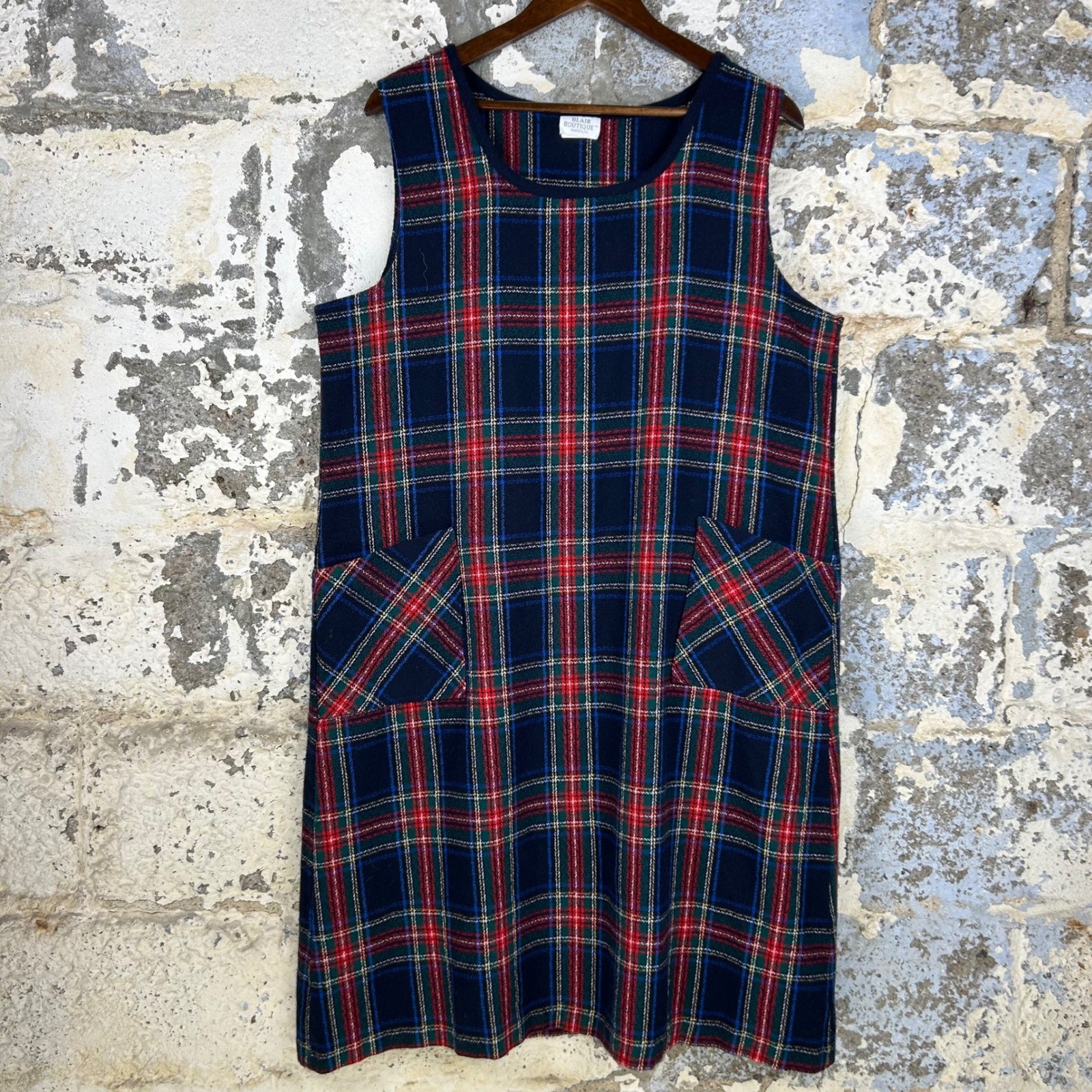 Vintage Blair Boutique Navy Red Plaid Wool Blend Jumper Dress Pockets Size XL