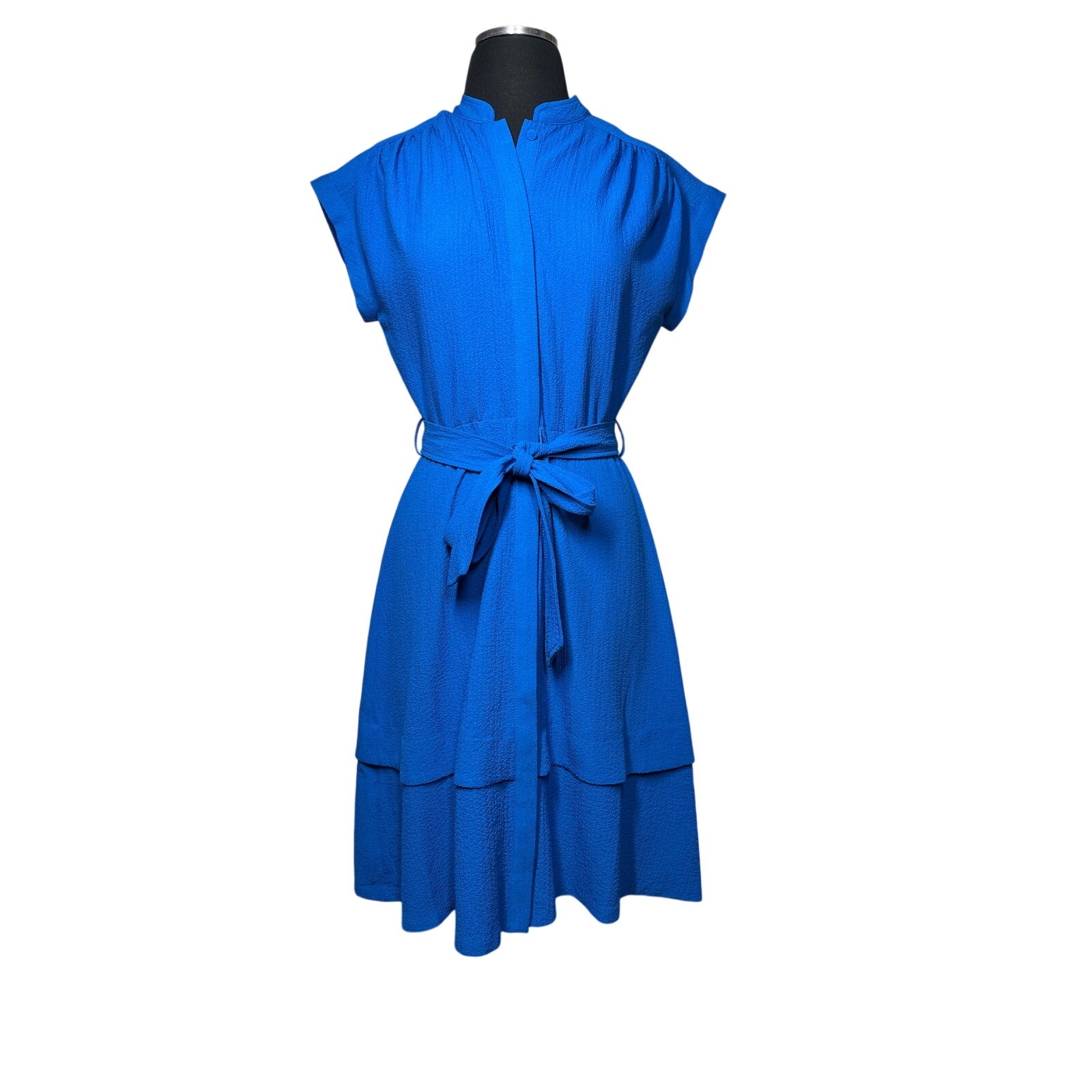 Calvin Klein Midi Button Front Dress Self Tie Textured Blue Sz 2 Office Career