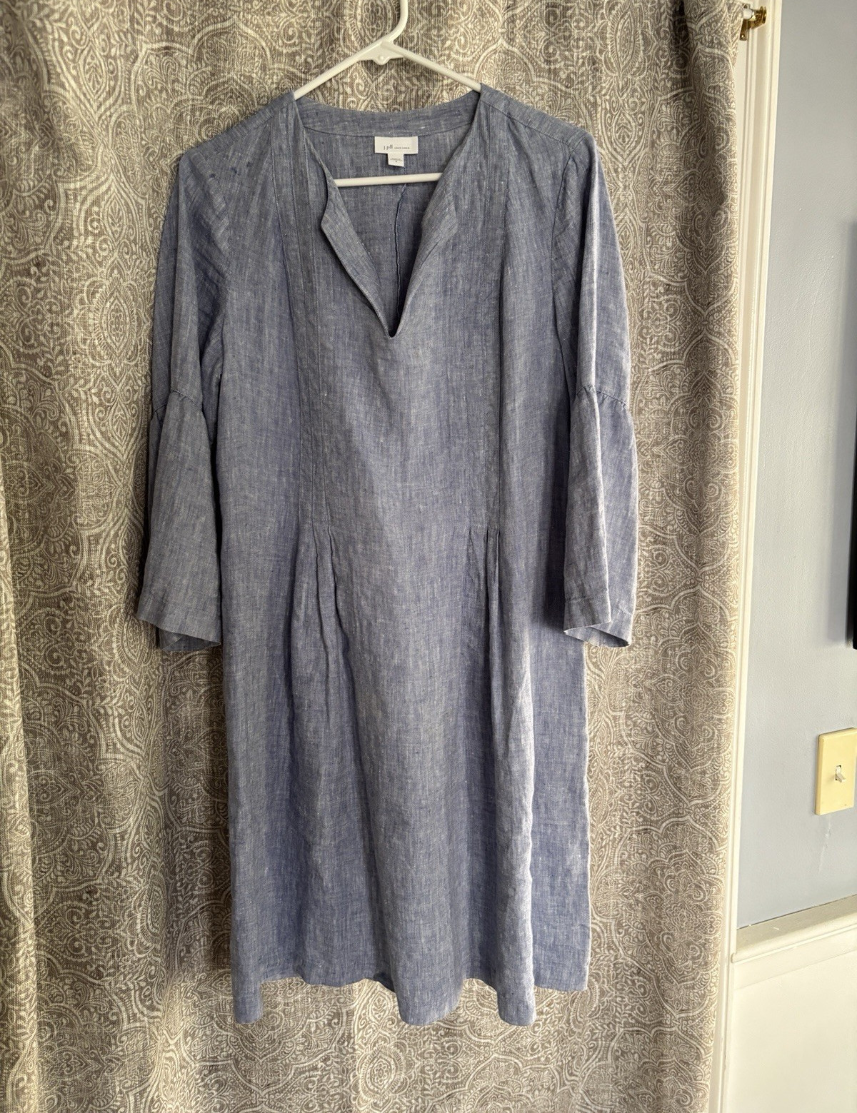J. Jill Women Size M Blue Solid Woven Linen A-Line V-Neck 3/4 Sleeve Pockets