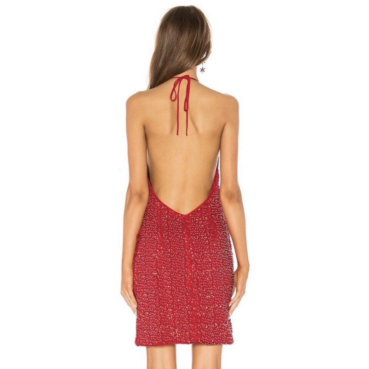 Michael Costello x REVOLVE Kai Sequin Wrap Dress Red Mini Halter Size S