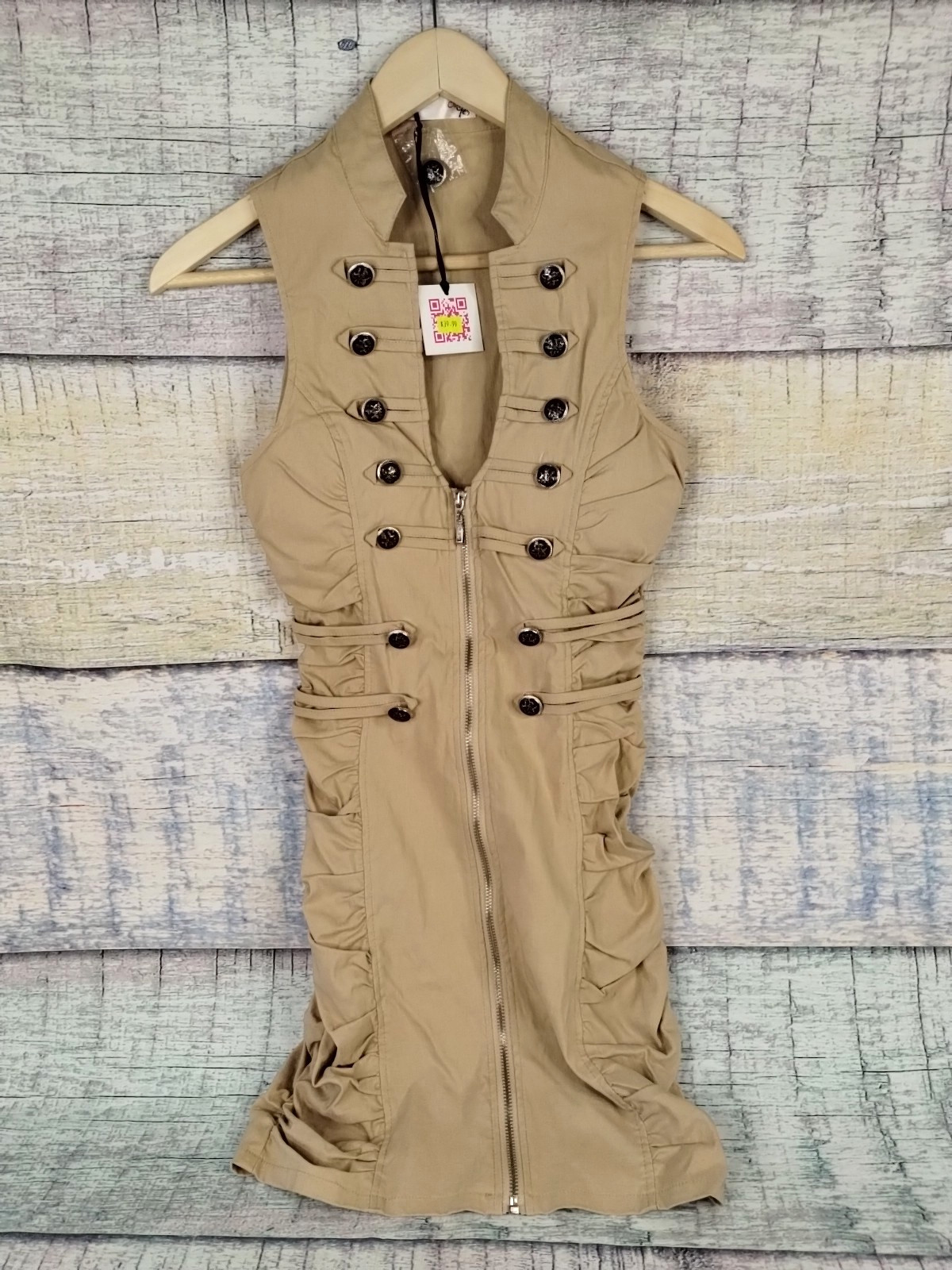 Oh Yes Y2K Sleeveless Tan Halter Dress Zip Front Heraldic Crest Button Decor Med